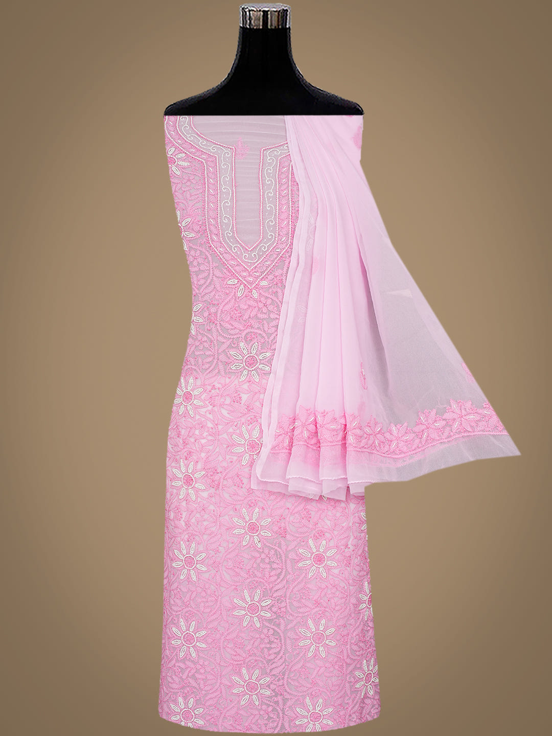 Ada Hand Embroidered Pink Georgette Lucknowi Chikankari Unstitched Suit Piece With Pearl Work 01A998086