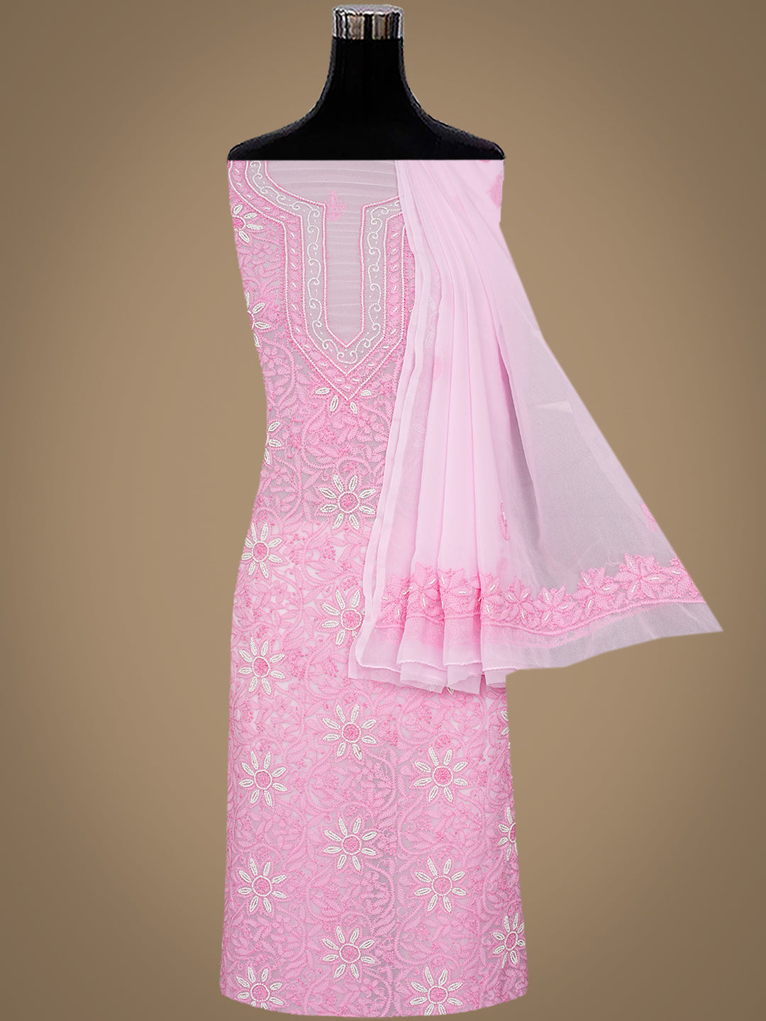 Ada Hand Embroidered Pink Georgette Lucknowi Chikankari Unstitched Suit Piece With Pearl Work 01A998086