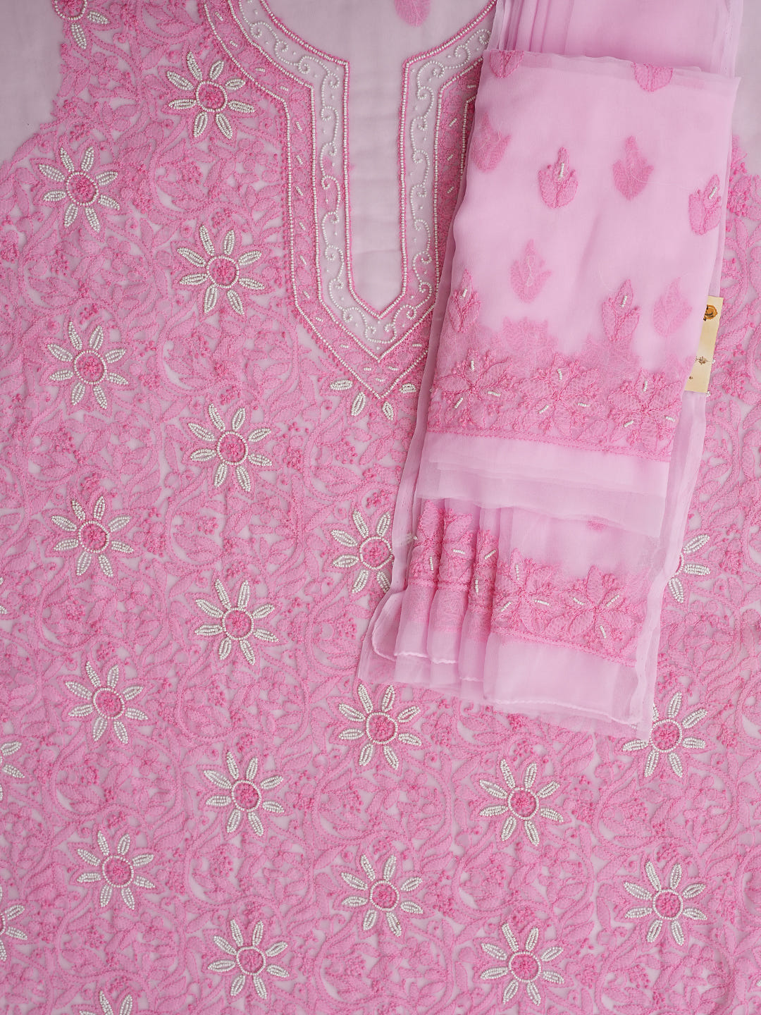 Ada Hand Embroidered Pink Georgette Lucknowi Chikankari Unstitched Suit Piece With Pearl Work 01A998086