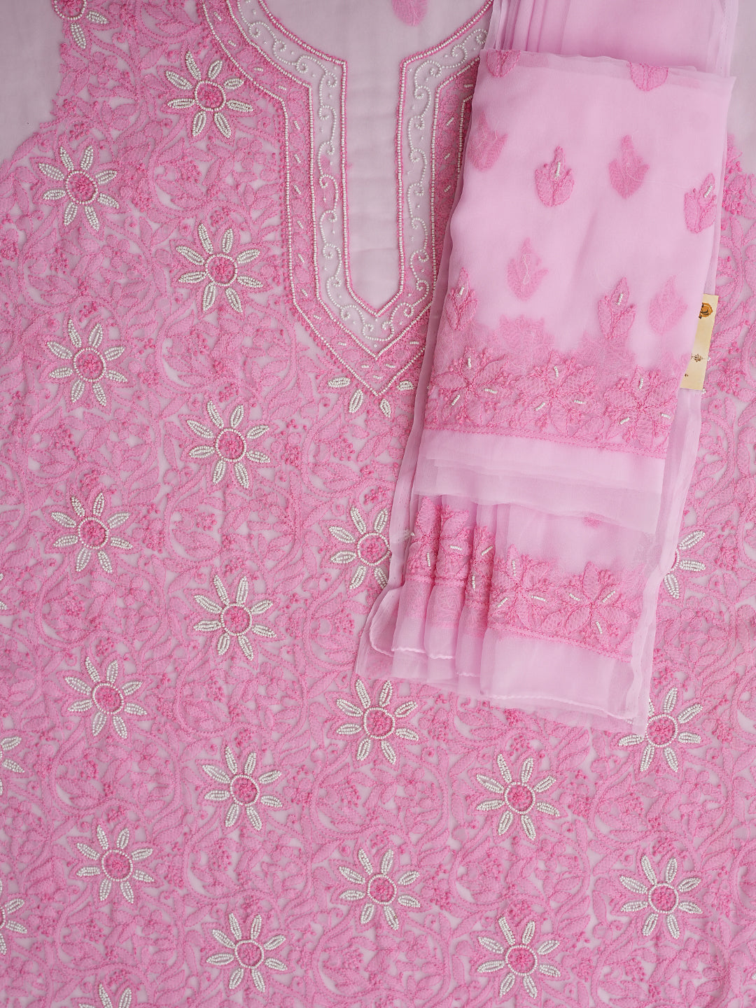 Ada Hand Embroidered Pink Georgette Lucknowi Chikankari Unstitched Suit Piece With Pearl Work 01A998086