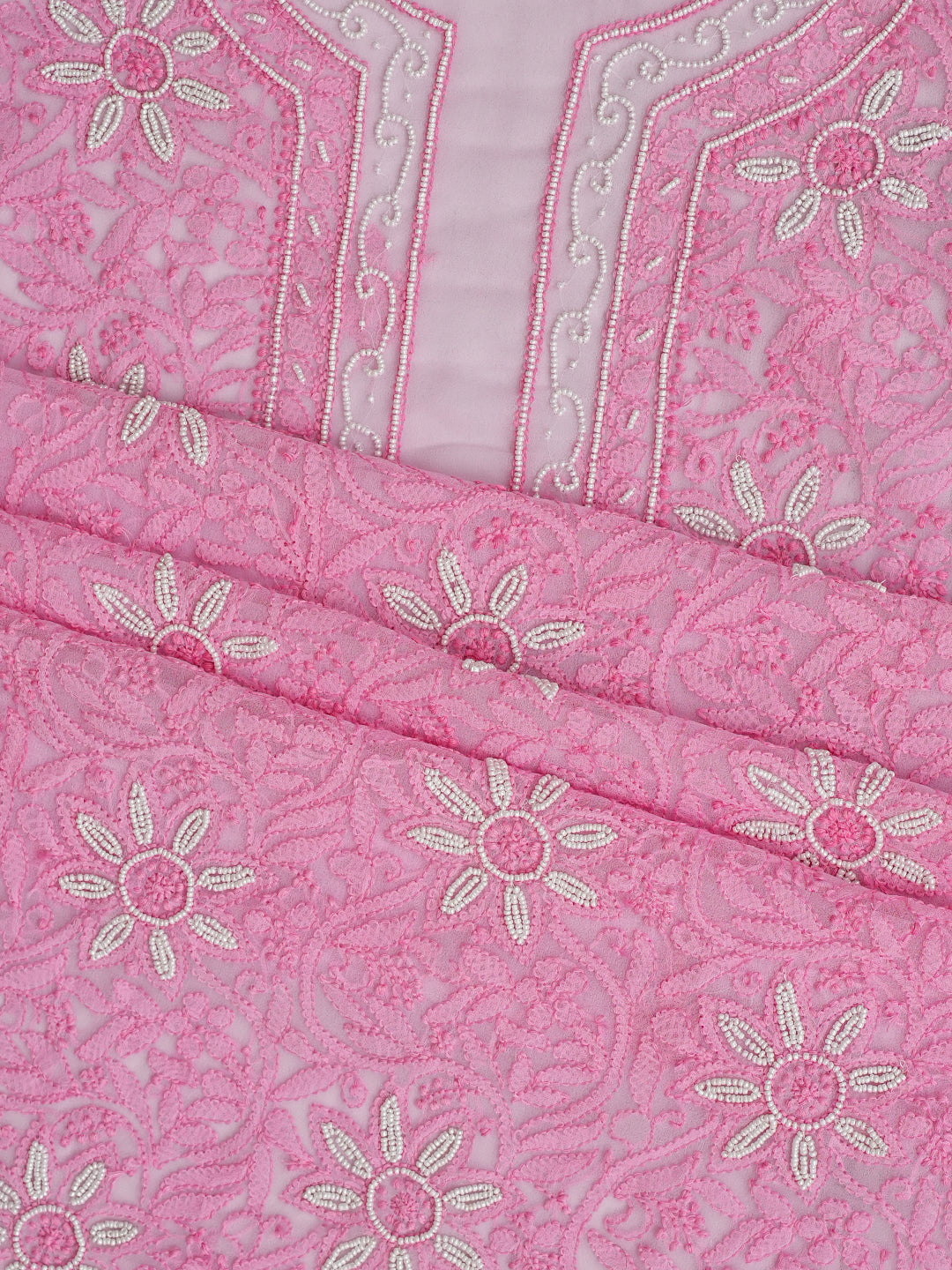 Ada Hand Embroidered Pink Georgette Lucknowi Chikankari Unstitched Suit Piece With Pearl Work 01A998086