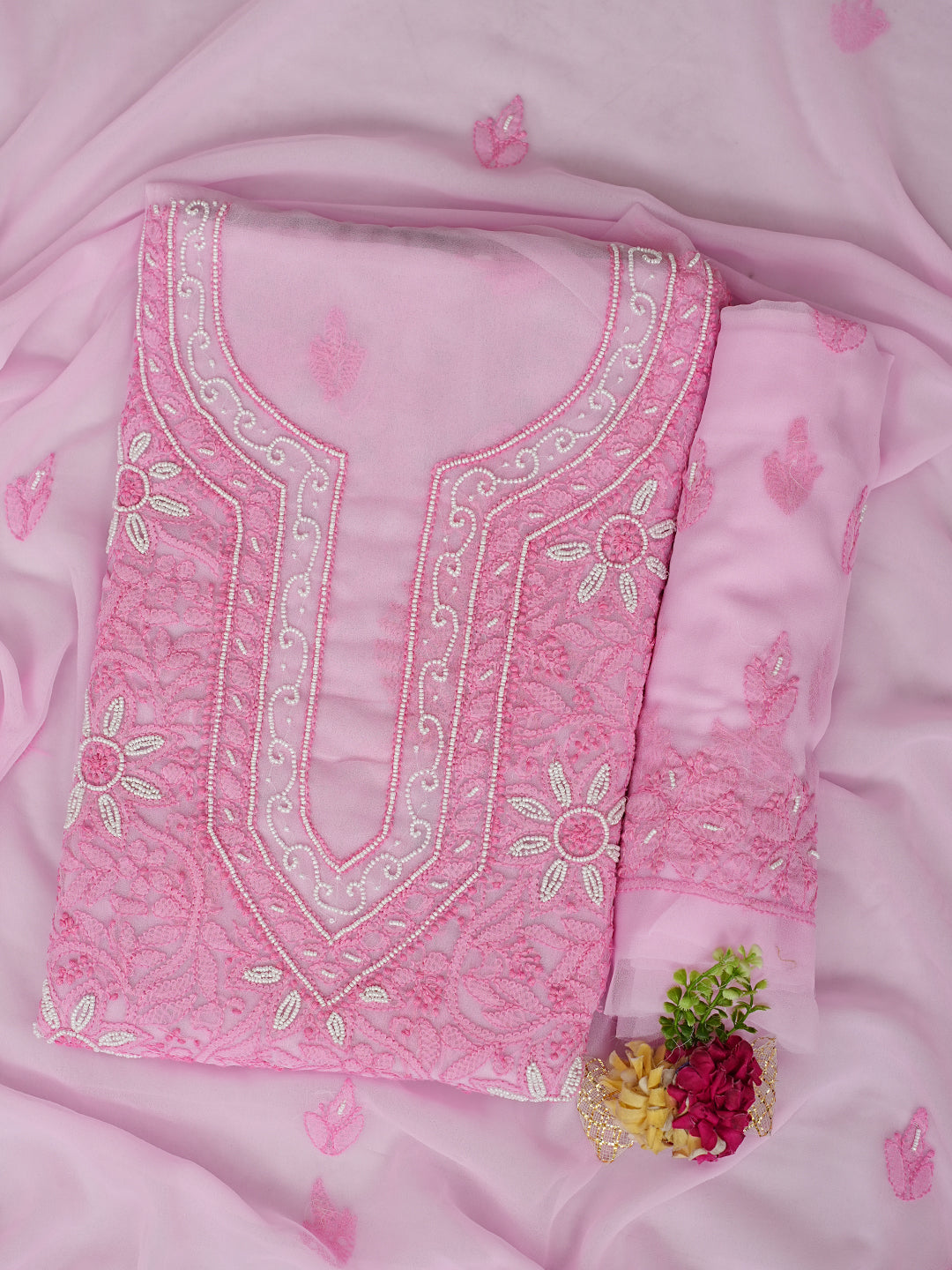 Ada Hand Embroidered Pink Georgette Lucknowi Chikankari Unstitched Suit Piece With Pearl Work 01A998086