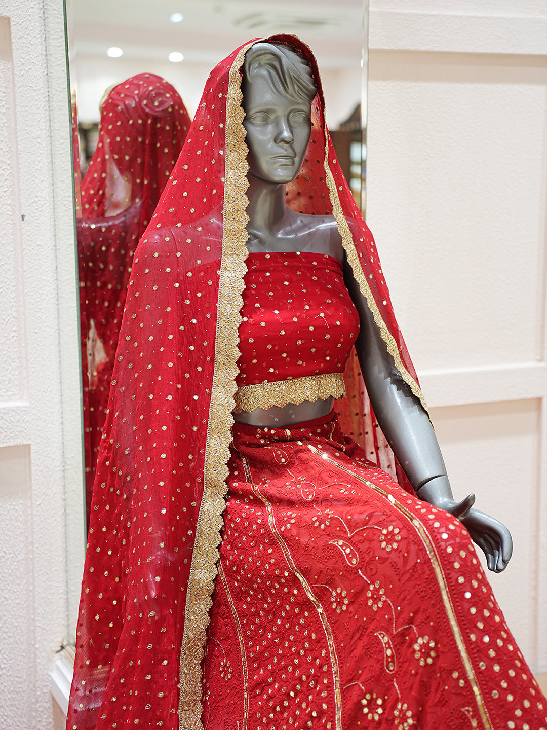 Ada Hand Embroidered Red Pure Georgette Lucknowi Chikankari Lehenga Set With Sequinned Work 01A167603