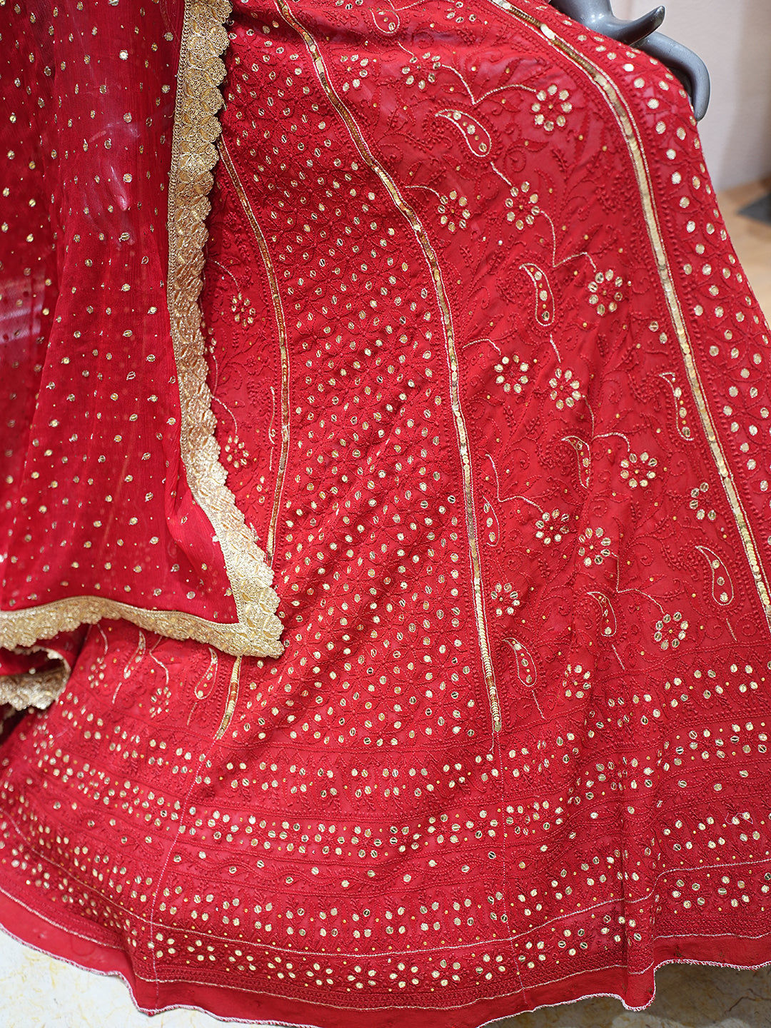 Ada Hand Embroidered Red Pure Georgette Lucknowi Chikankari Lehenga Set With Sequinned Work 01A167603