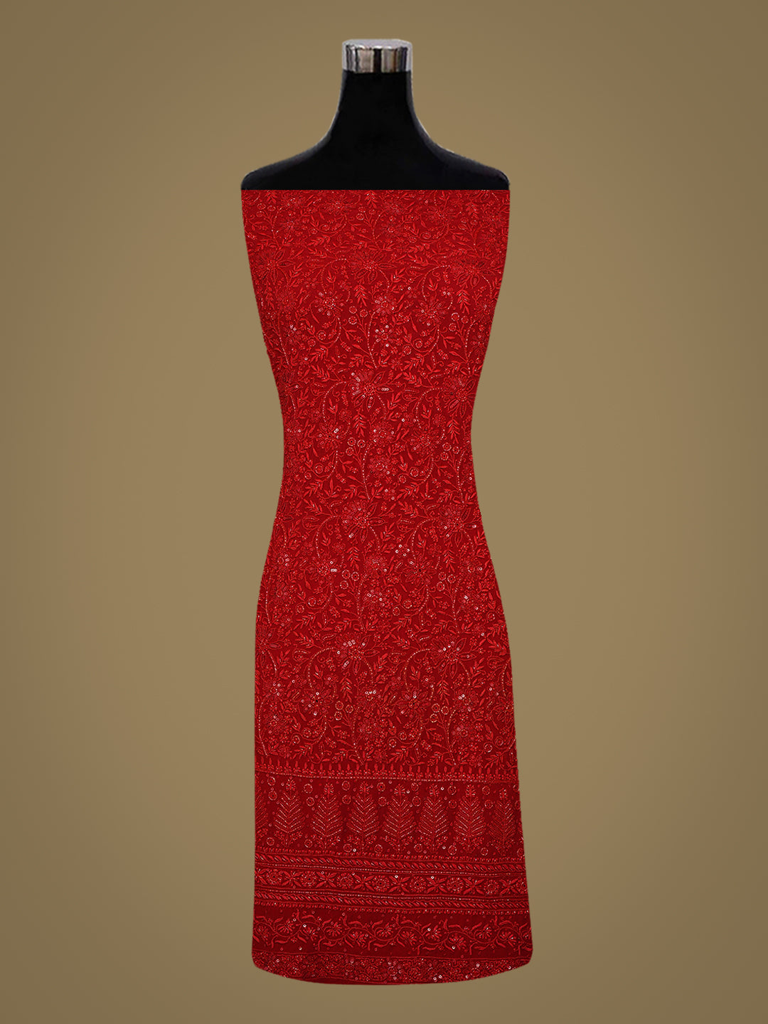 Ada Hand Embroidered Red Pure Georgette Lucknowi Chikankari Unstitched Kurta Dupatta Set With Cutdana Work 01A359277