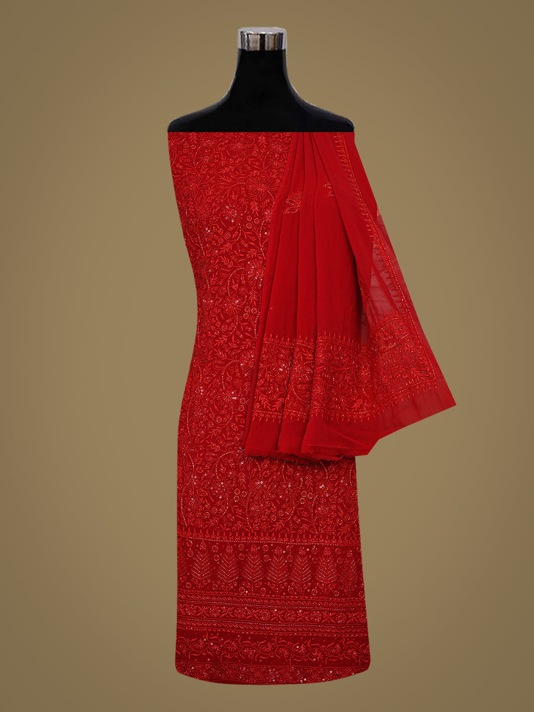 Ada Hand Embroidered Red Pure Georgette Lucknowi Chikankari Unstitched Kurta Dupatta Set With Cutdana Work 01A359277
