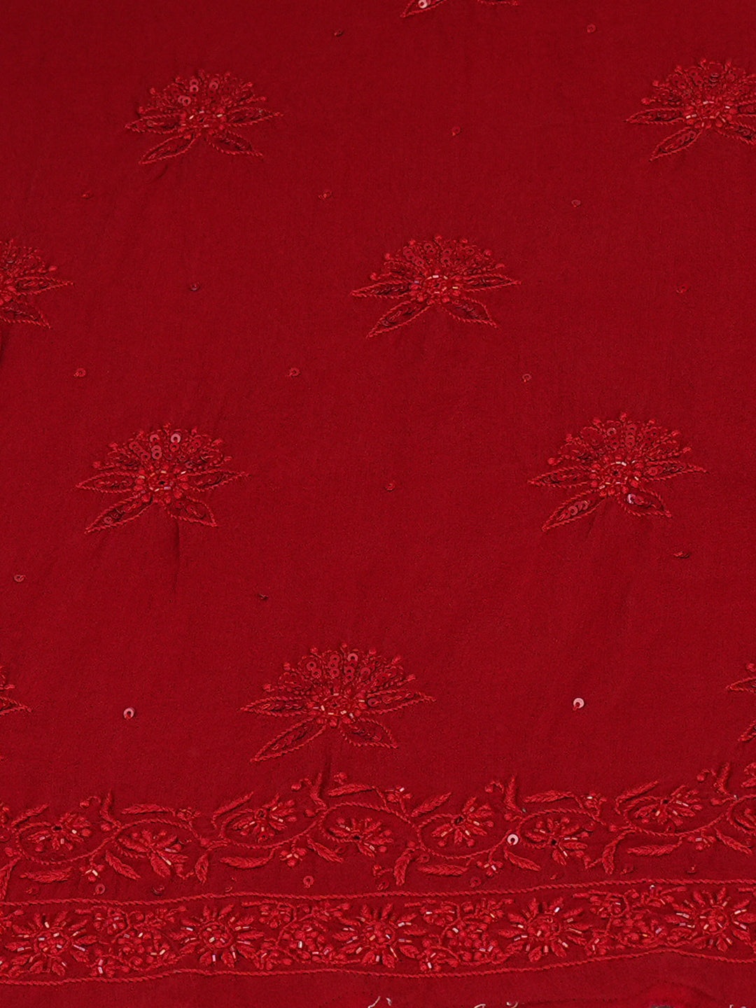 Ada Hand Embroidered Red Pure Georgette Lucknowi Chikankari Unstitched Kurta Dupatta Set With Cutdana Work 01A359277
