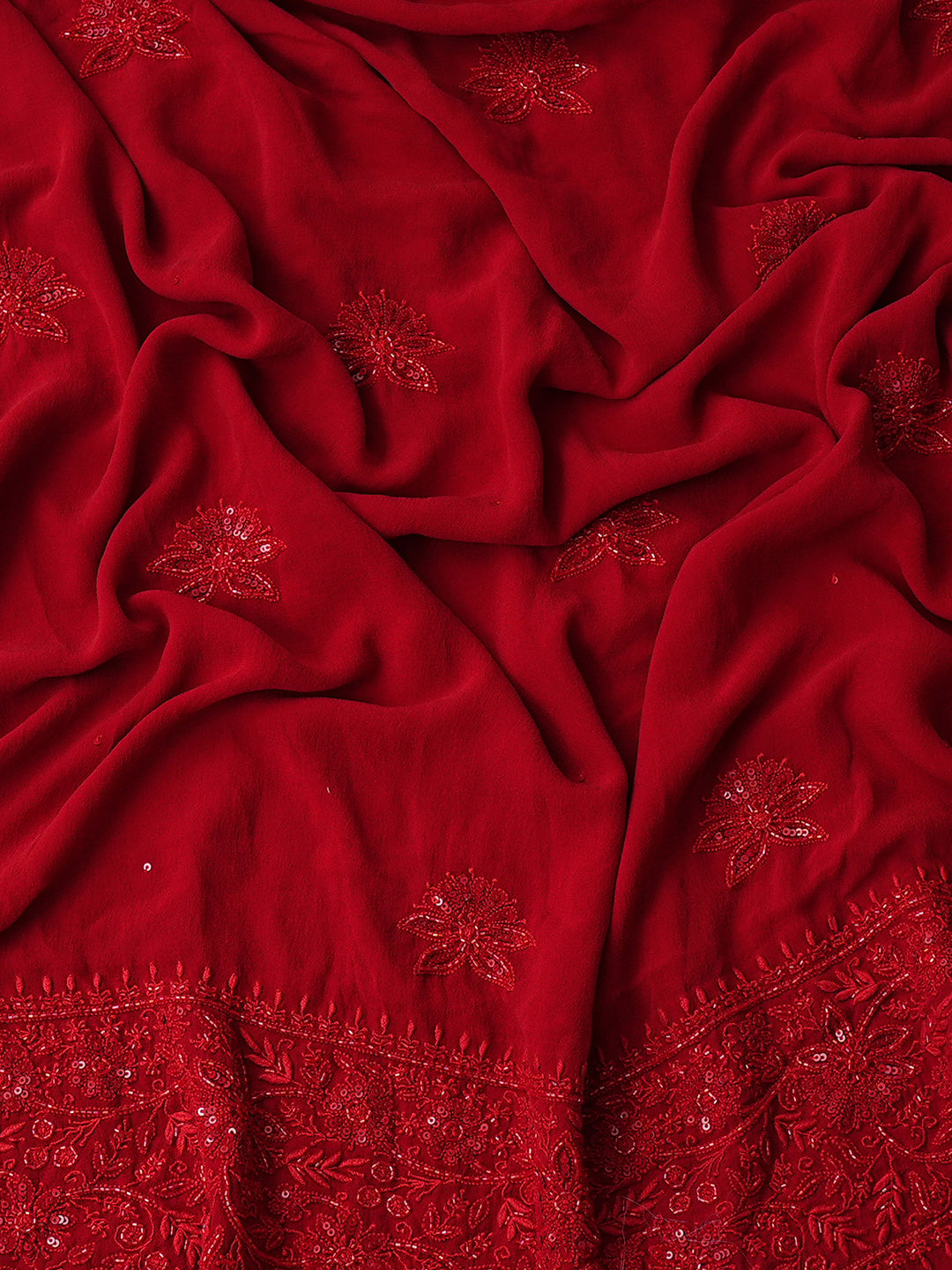 Ada Hand Embroidered Red Pure Georgette Lucknowi Chikankari Unstitched Kurta Dupatta Set With Cutdana Work 01A359277