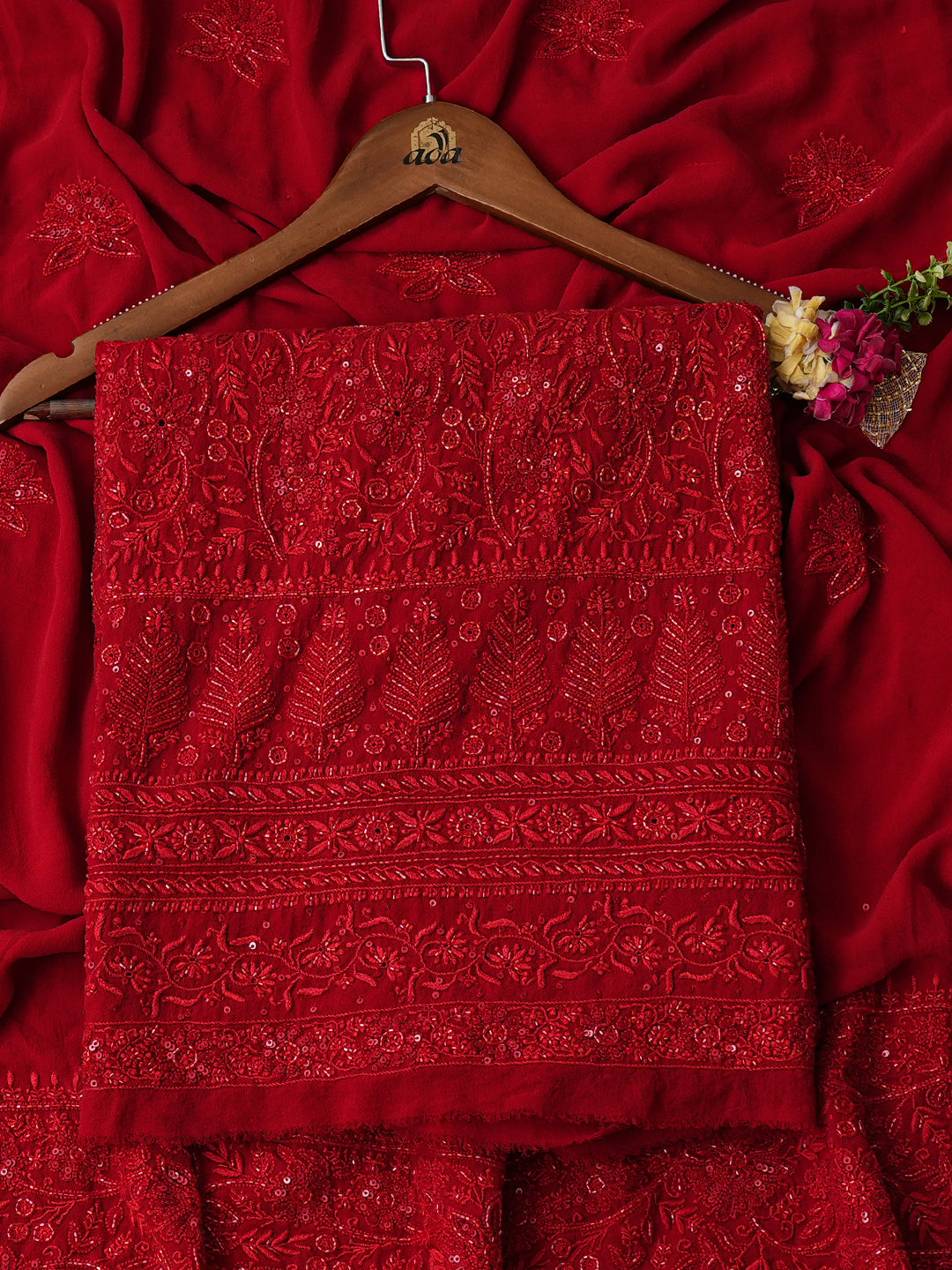 Ada Hand Embroidered Red Pure Georgette Lucknowi Chikankari Unstitched Kurta Dupatta Set With Cutdana Work 01A359277