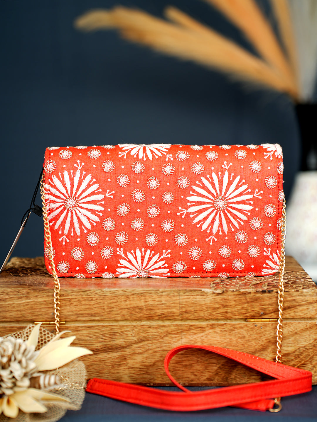 Ada Hand Embroidered Red Silk Lucknowi Chikankari Clutch With Zari Work 01A1010118
