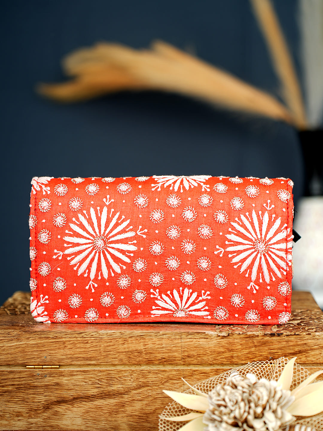 Ada Hand Embroidered Red Silk Lucknowi Chikankari Clutch With Zari Work 01A1010118