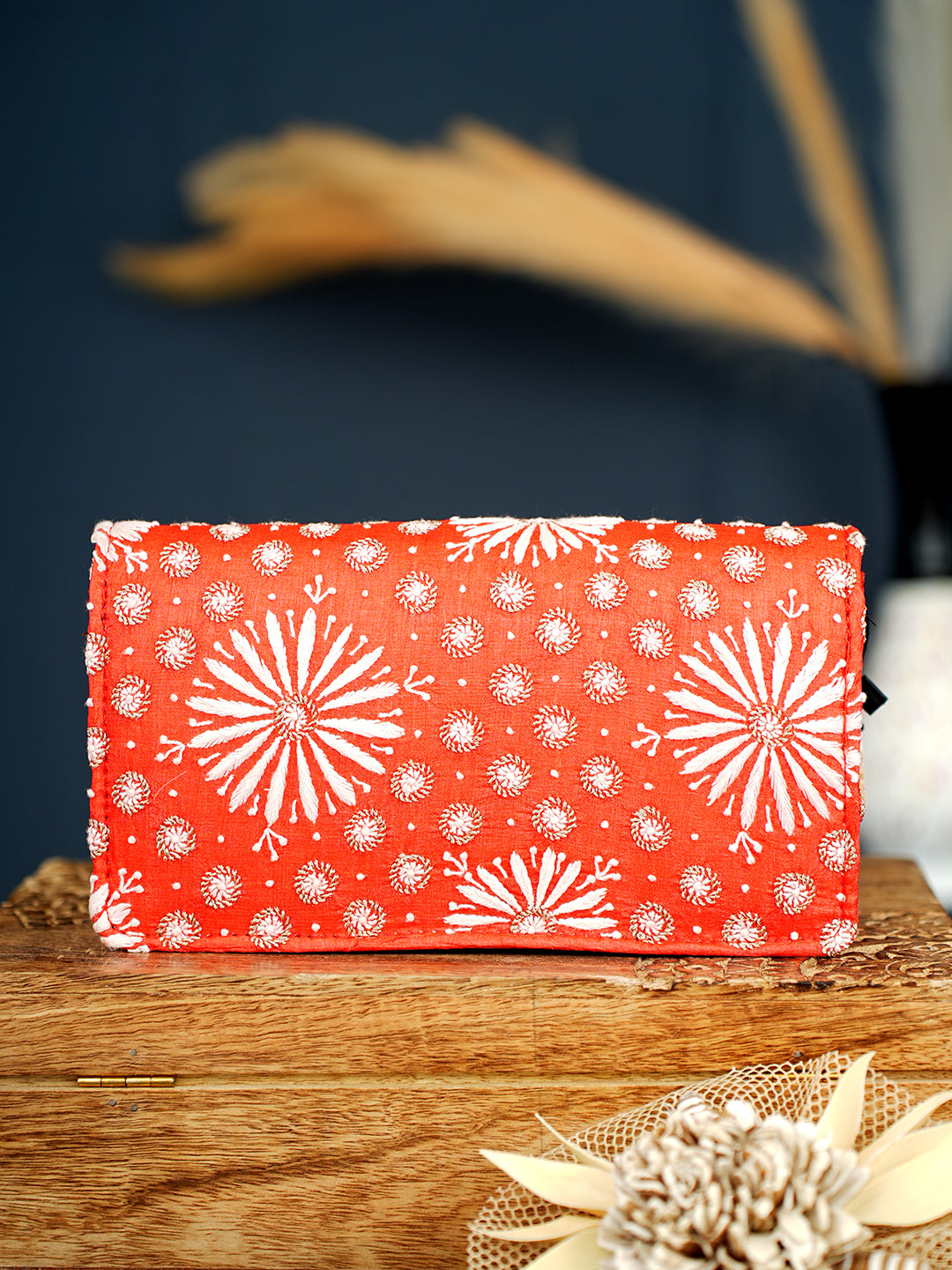 Ada Hand Embroidered Red Silk Lucknowi Chikankari Clutch With Zari Work 01A1010118