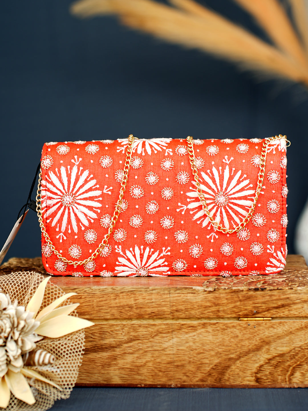 Ada Hand Embroidered Red Silk Lucknowi Chikankari Clutch With Zari Work 01A1010118