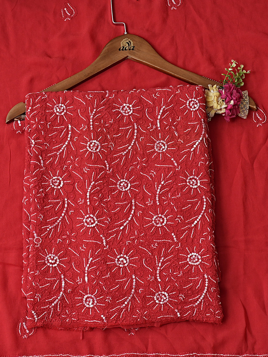Ada Hand Embroidered Red Viscose Georgette Lucknowi Chikankari Unstitched Kurta Dupatta Set With Cutdana Work 01A745053_5