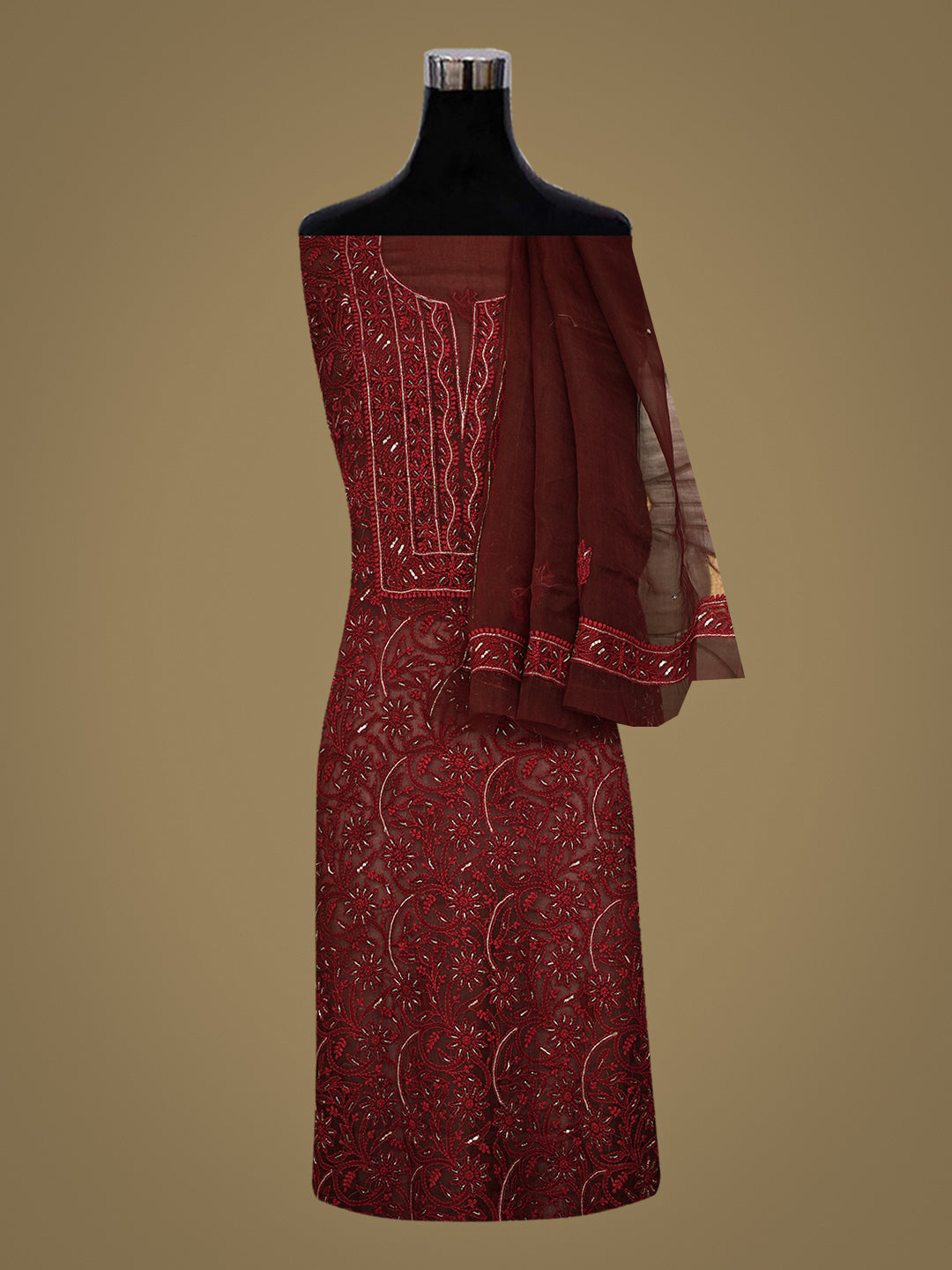 Ada Hand Embroidered Reddish Brown Organza Lucknowi Chikankari Unstitched Kurta Dupatta Set With Cutdana Work 01A765610