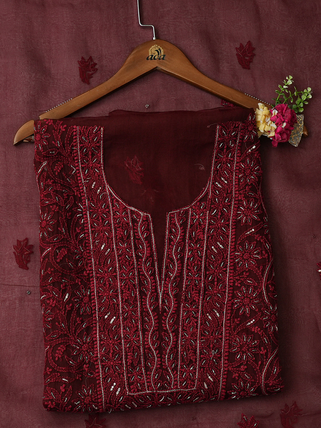 Ada Hand Embroidered Reddish Brown Organza Lucknowi Chikankari Unstitched Kurta Dupatta Set With Cutdana Work 01A765610