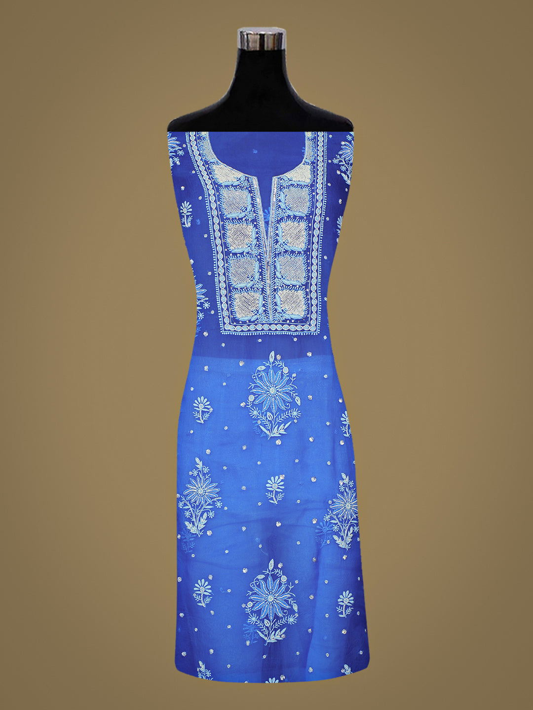 Ada Hand Embroidered Royal Blue Organza Lucknowi Chikankari Unstitched Kurta Dupatta Set With Cutdana Work 01A987734