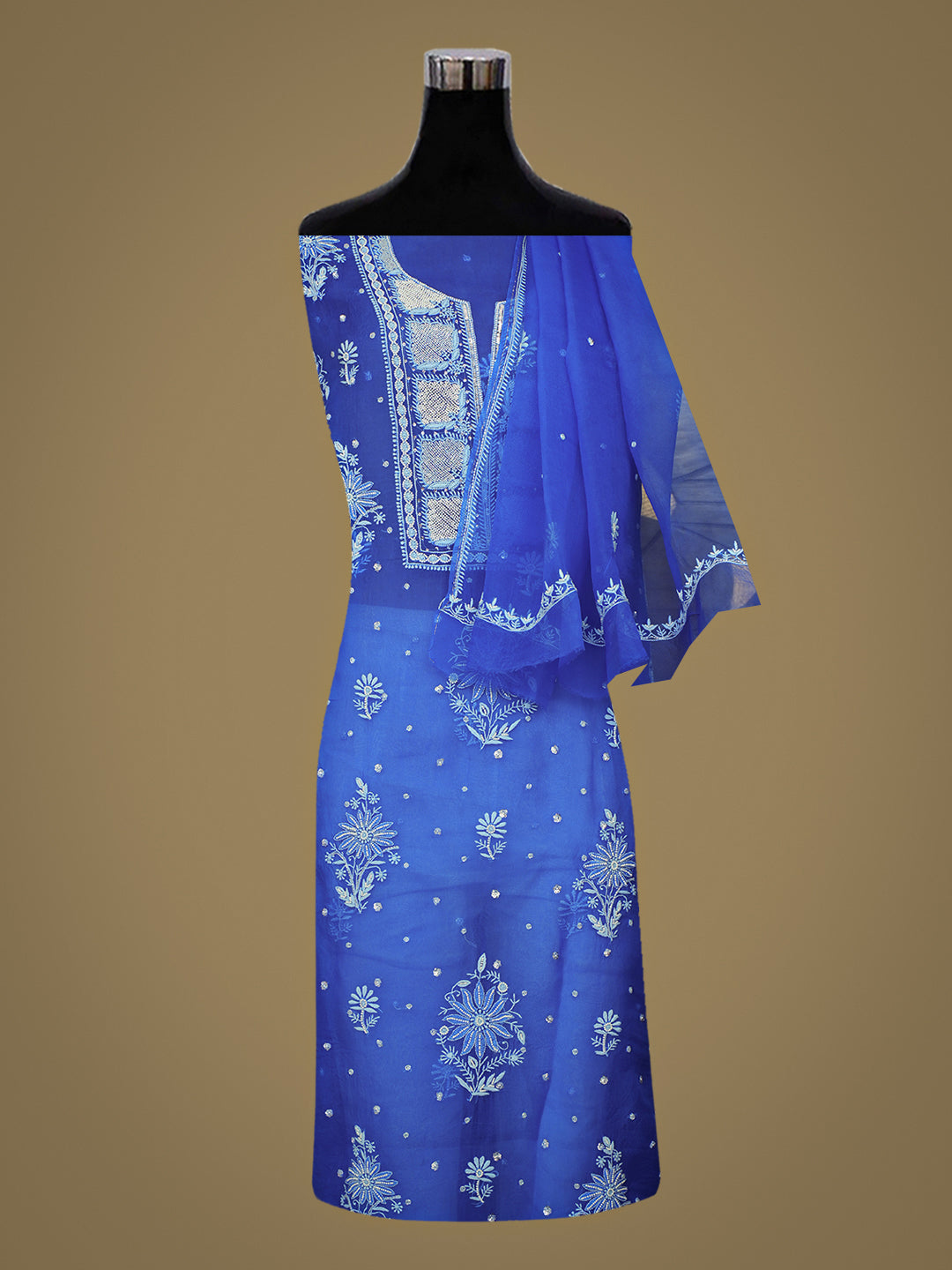 Ada Hand Embroidered Royal Blue Organza Lucknowi Chikankari Unstitched Kurta Dupatta Set With Cutdana Work 01A987734