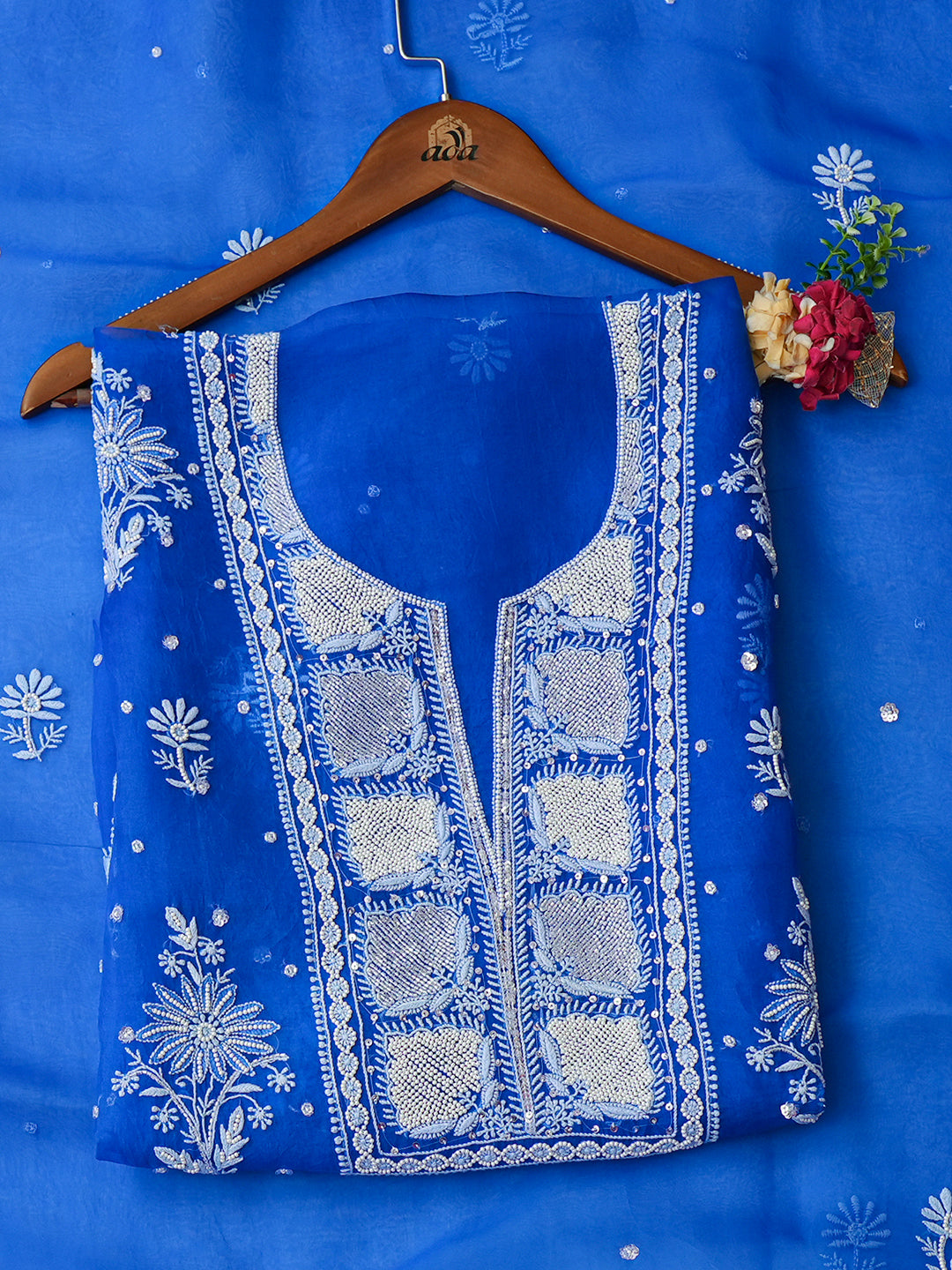 Ada Hand Embroidered Royal Blue Organza Lucknowi Chikankari Unstitched Kurta Dupatta Set With Cutdana Work 01A987734