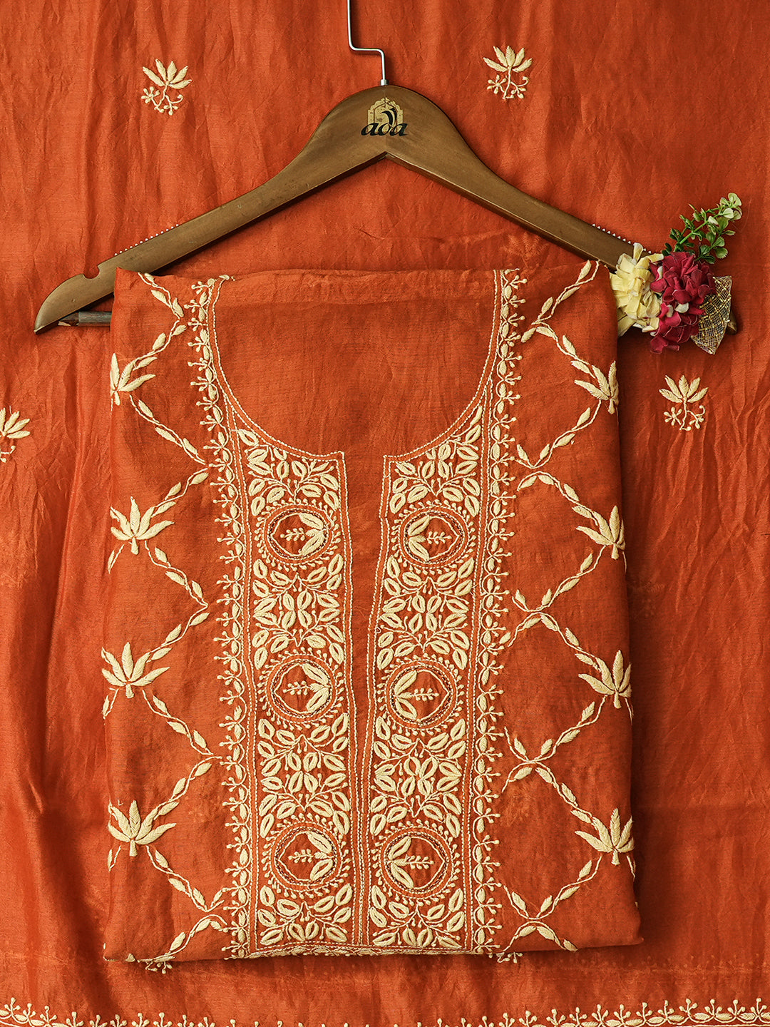Ada Hand Embroidered Rust Chanderi Lucknowi Chikankari Unstitched Kurta Dupatta Set With Zari Work 07A502190