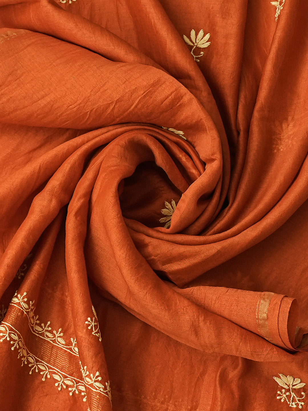 Ada Hand Embroidered Rust Chanderi Lucknowi Chikankari Unstitched Kurta Dupatta Set With Zari Work 07A502190