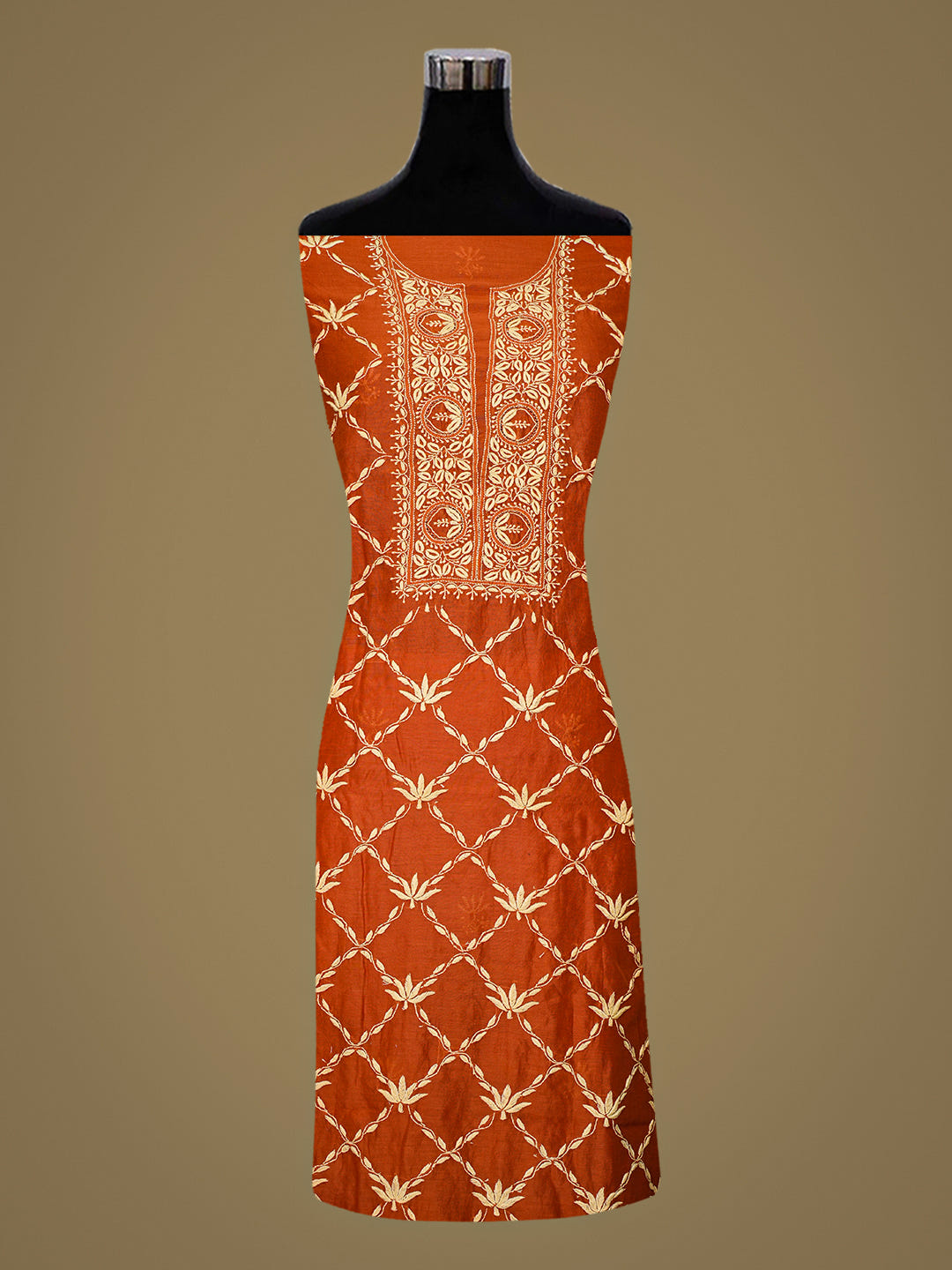 Ada Hand Embroidered Rust Chanderi Lucknowi Chikankari Unstitched Kurta Dupatta Set With Zari Work 07A502190
