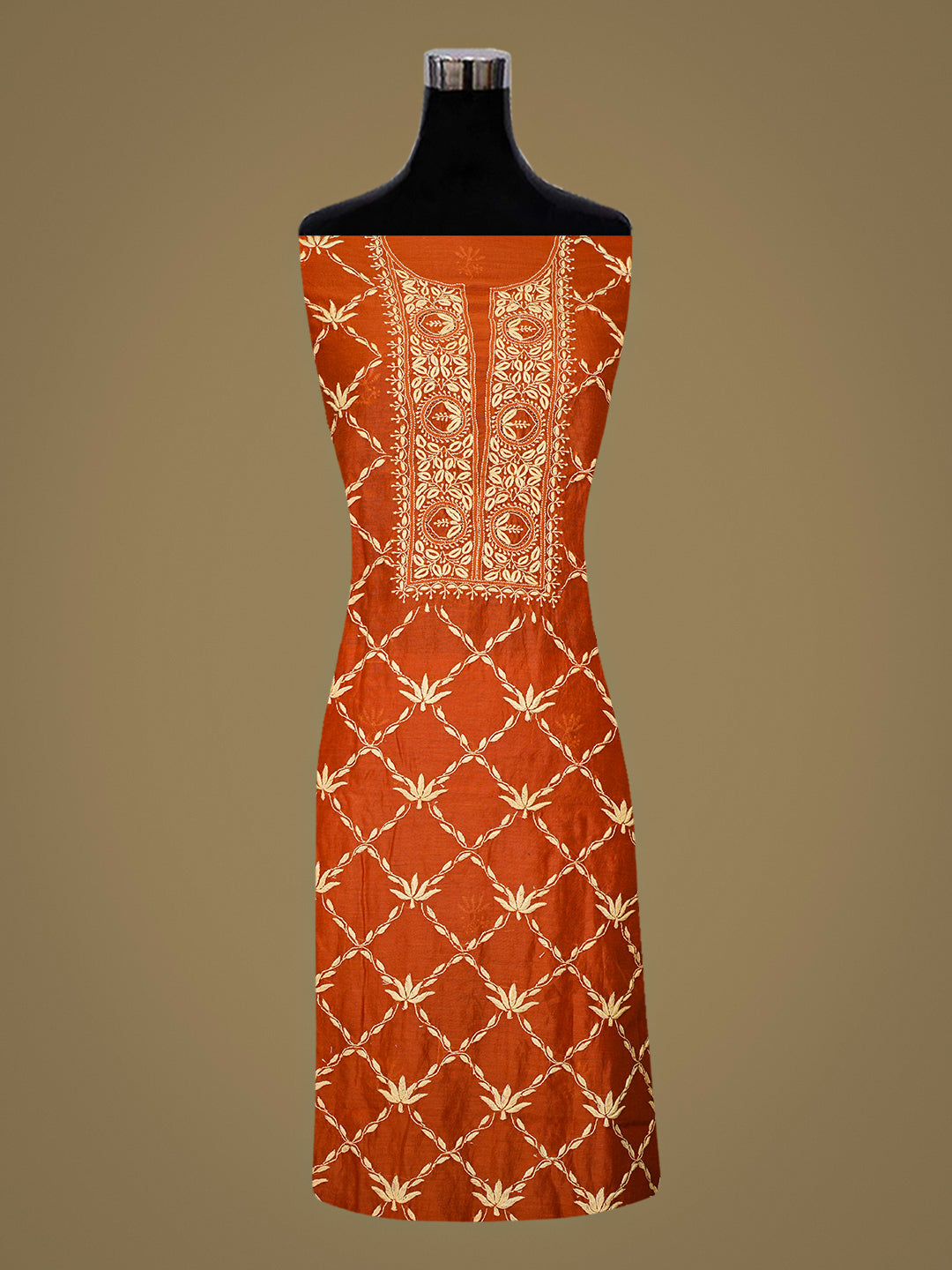 Ada Hand Embroidered Rust Chanderi Lucknowi Chikankari Unstitched Kurta Dupatta Set With Zari Work 07A502190