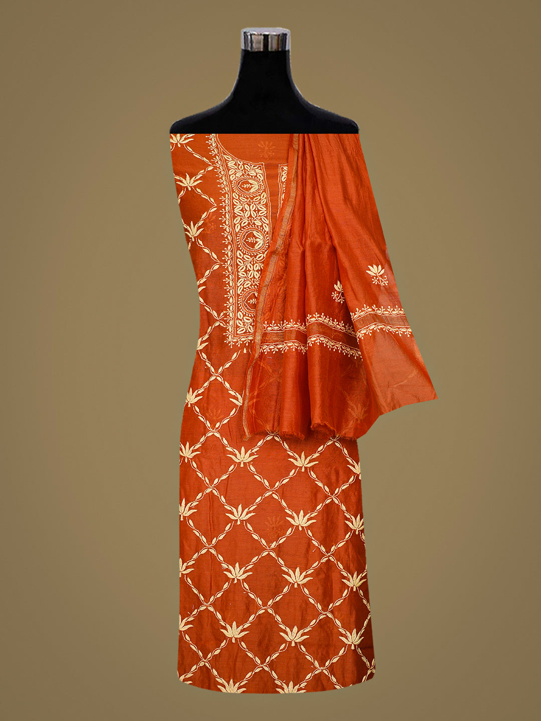 Ada Hand Embroidered Rust Chanderi Lucknowi Chikankari Unstitched Kurta Dupatta Set With Zari Work 07A502190