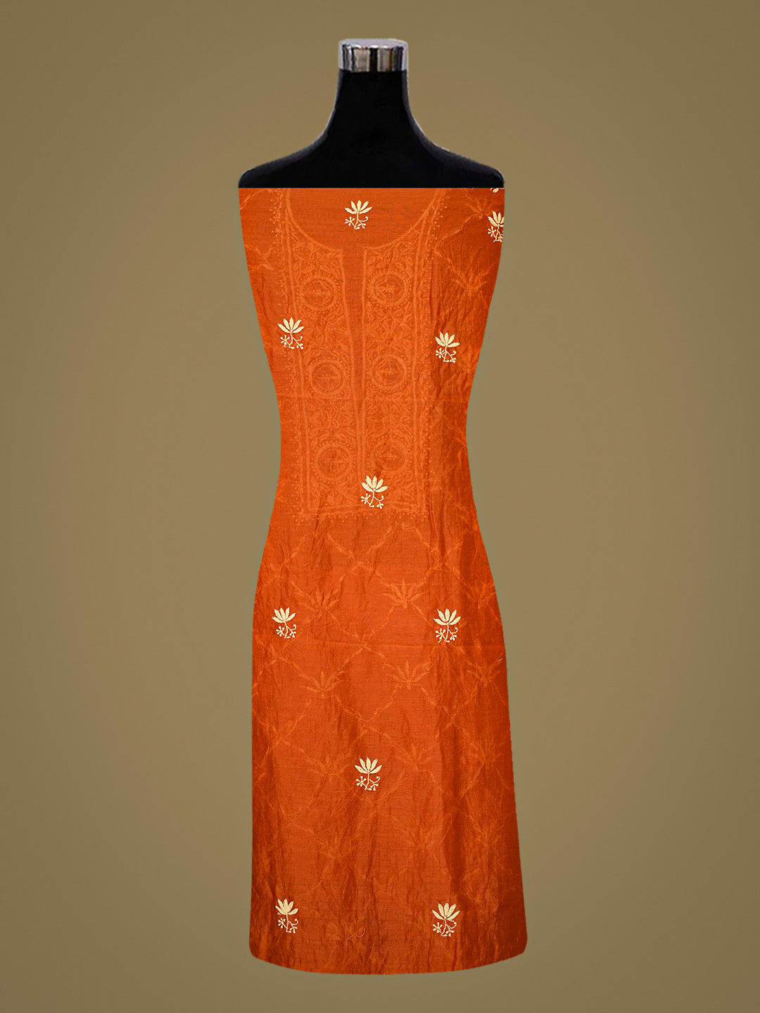 Ada Hand Embroidered Rust Chanderi Lucknowi Chikankari Unstitched Kurta Dupatta Set With Zari Work 07A502190
