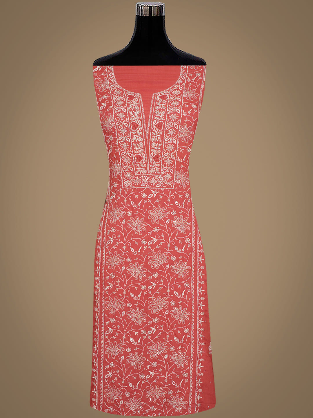 Ada Hand Embroidered Rust Cotton Lucknowi Chikankari Unstitched Suit Piece With Cutdana Work_2