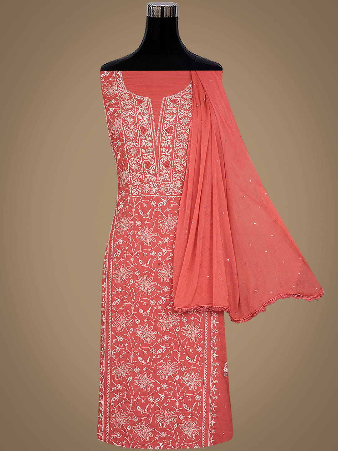 Ada Hand Embroidered Rust Cotton Lucknowi Chikankari Unstitched Suit Piece With Cutdana Work_3