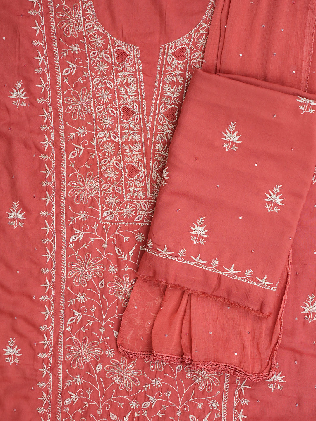 Ada Hand Embroidered Rust Cotton Lucknowi Chikankari Unstitched Suit Piece With Cutdana Work_5