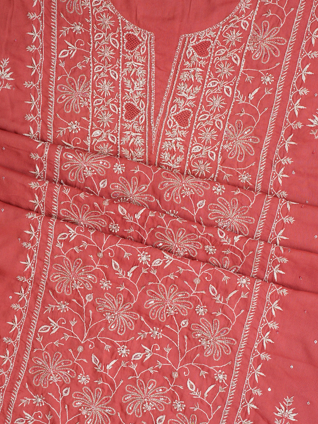 Ada Hand Embroidered Rust Cotton Lucknowi Chikankari Unstitched Suit Piece With Cutdana Work_6