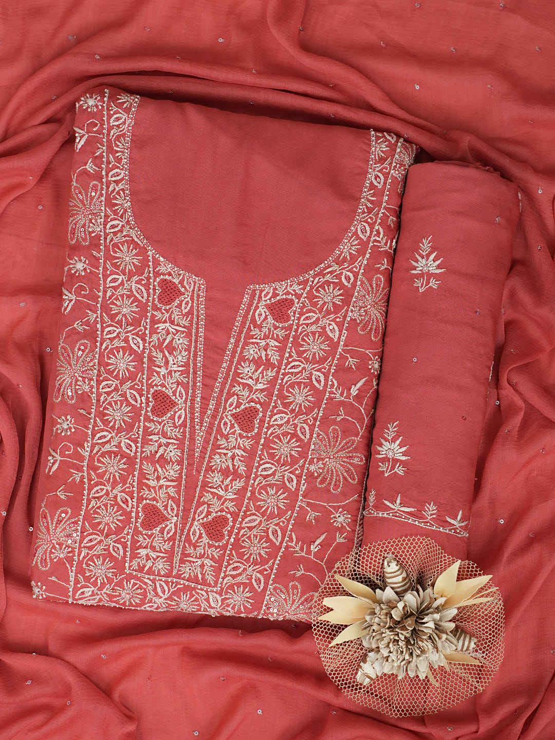 Ada Hand Embroidered Rust Cotton Lucknowi Chikankari Unstitched Suit Piece With Cutdana Work_1