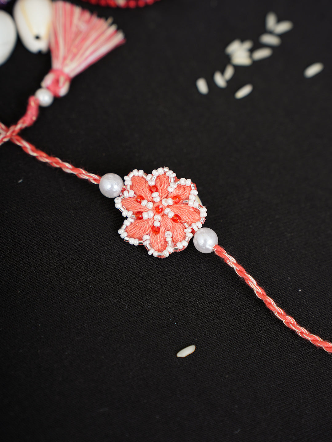 Ada Hand Embroidered Rust Cotton Raksha Sutra Rakhi With Cutdana Work_2
