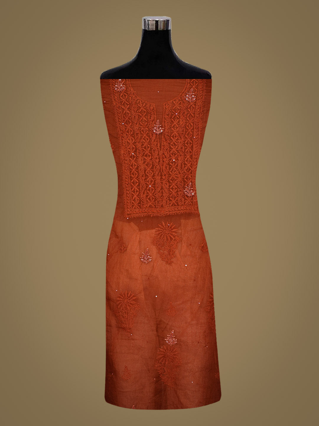 Ada Hand Embroidered Rust Organza Unstitched Lucknowi Chikankari Kurta Dupatta Set With Cutdana Work 01A789383