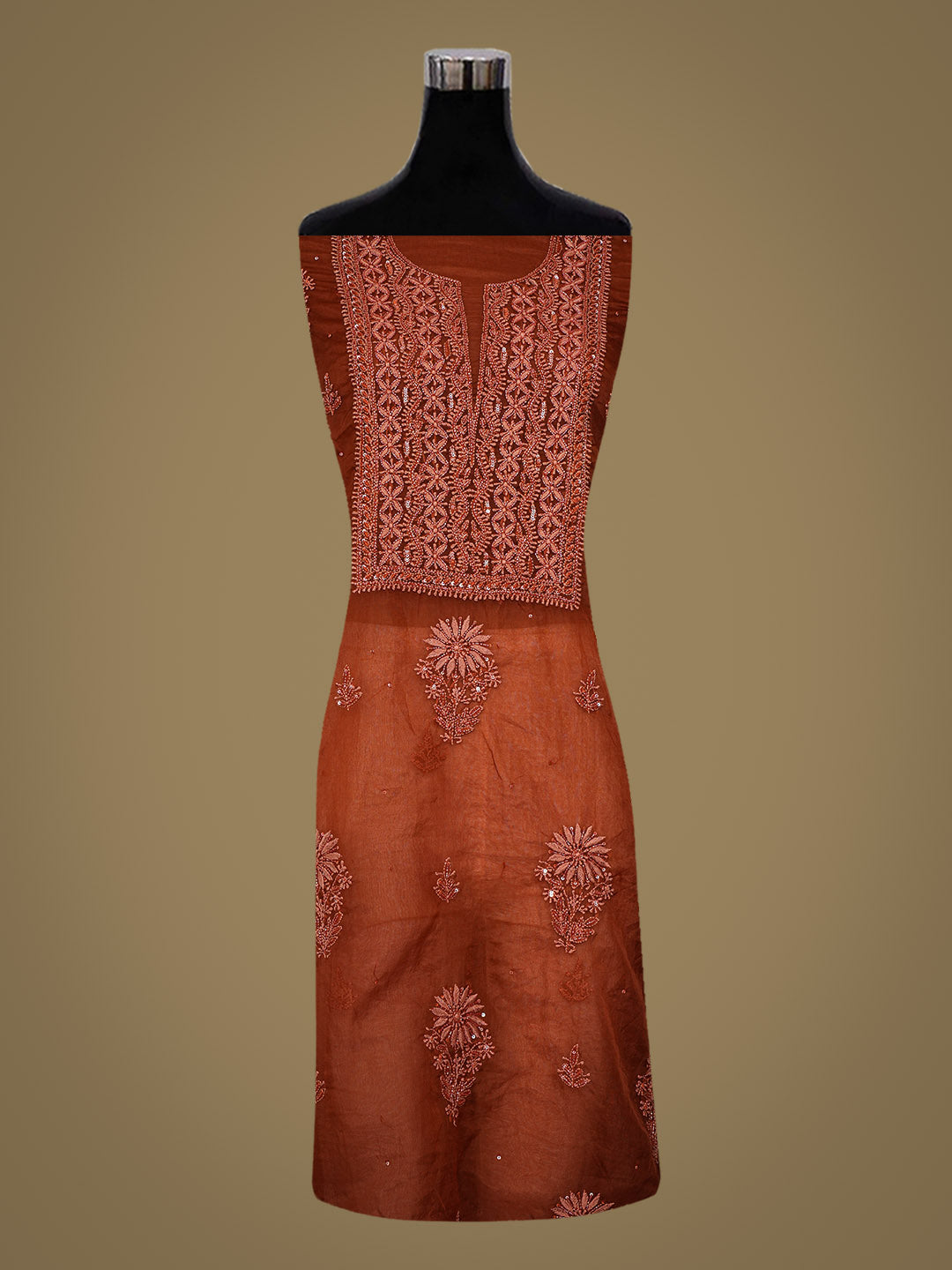 Ada Hand Embroidered Rust Organza Unstitched Lucknowi Chikankari Kurta Dupatta Set With Cutdana Work 01A789383