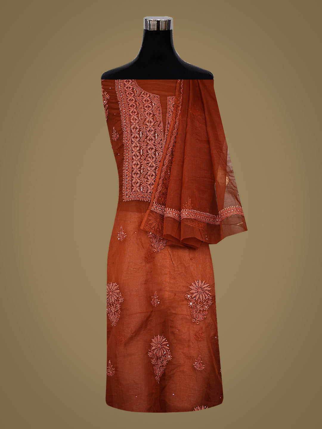 Ada Hand Embroidered Rust Organza Unstitched Lucknowi Chikankari Kurta Dupatta Set With Cutdana Work 01A789383