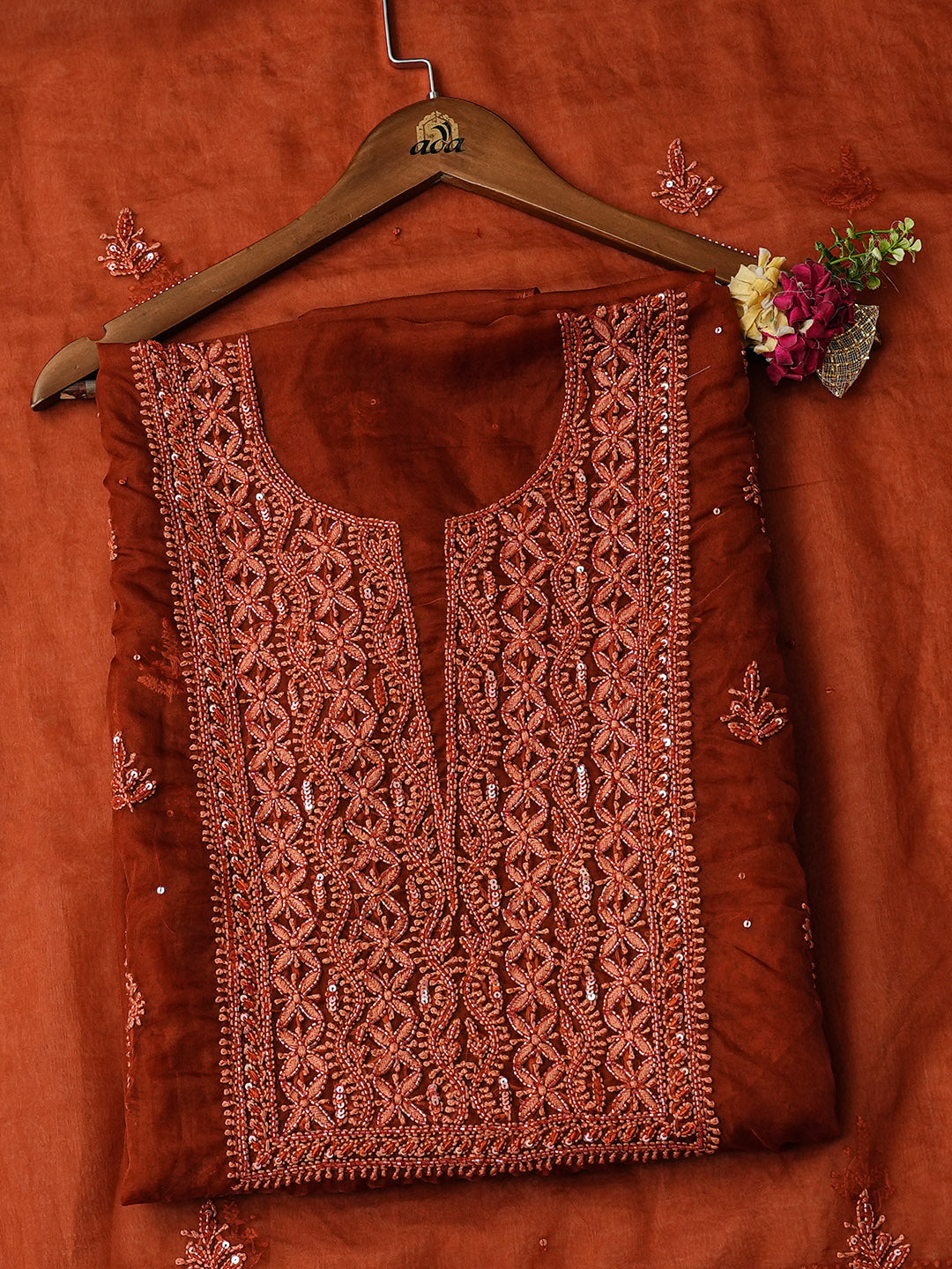 Ada Hand Embroidered Rust Organza Unstitched Lucknowi Chikankari Kurta Dupatta Set With Cutdana Work 01A789383