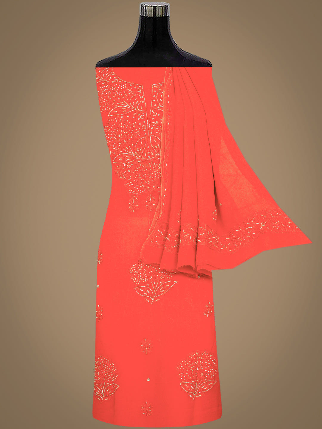Ada Hand Embroidered Rust Viscose Georgette Lucknowi Chikankari Unstitched Kurta Dupatta Set With Cutdana Work 01A792845