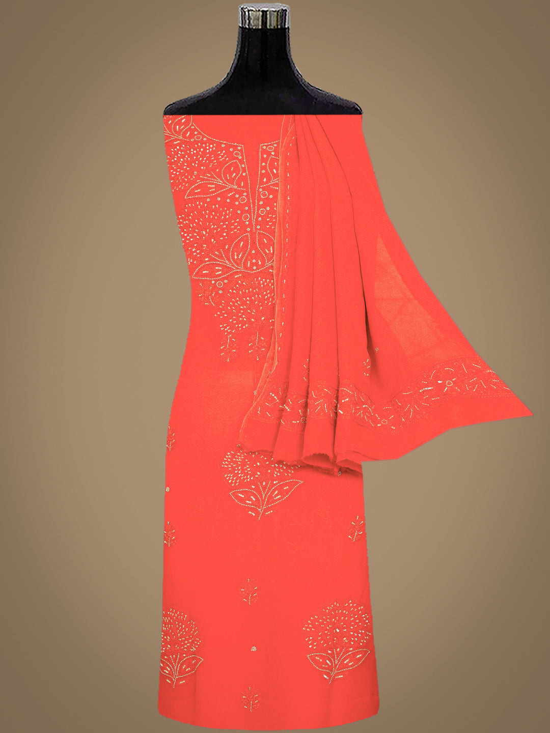 Ada Hand Embroidered Rust Viscose Georgette Lucknowi Chikankari Unstitched Kurta Dupatta Set With Cutdana Work 01A792845