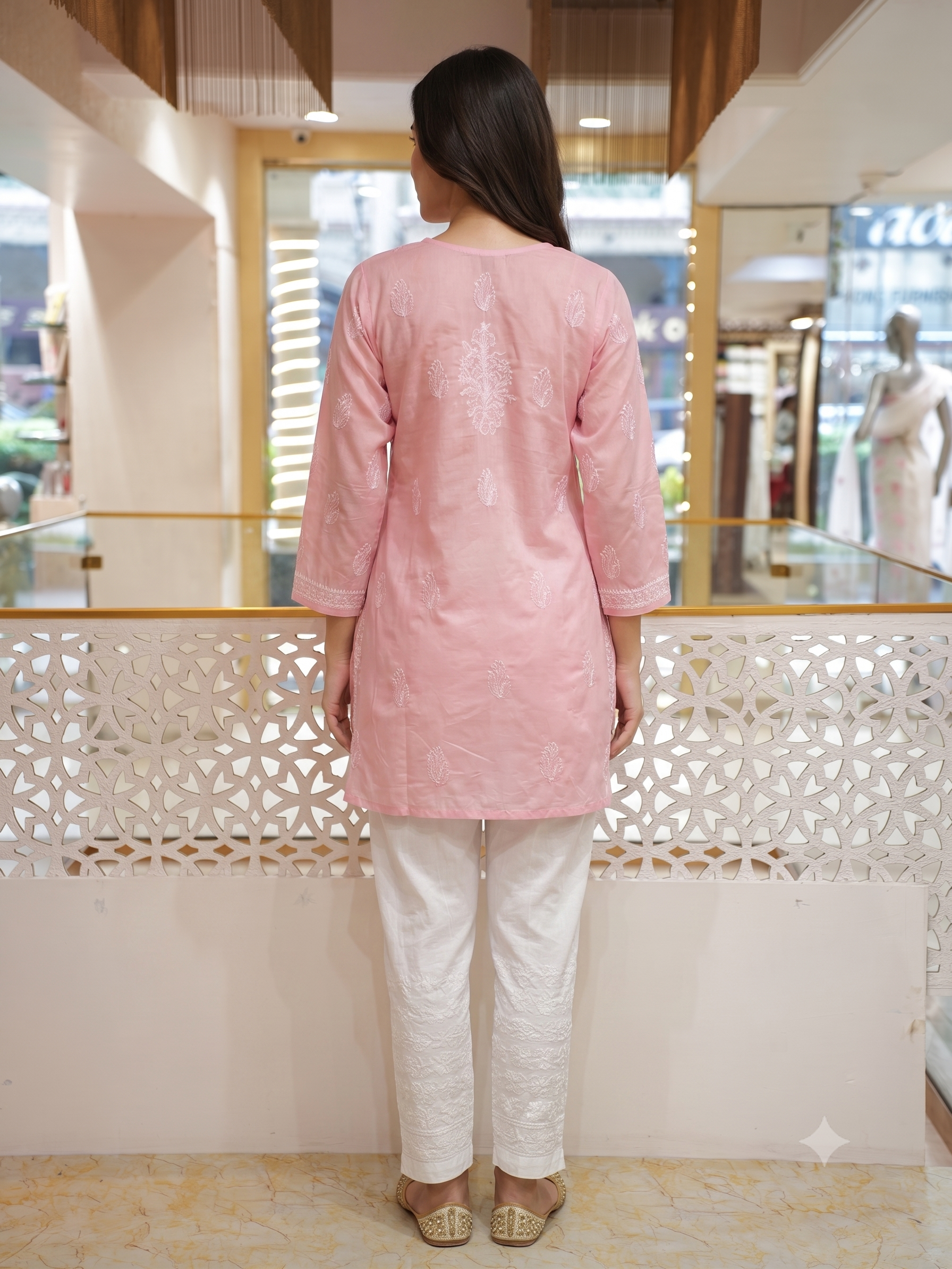 Ada Hand Embroidered Salmon Peach Cotton Lucknowi Chikankari Short Kurti A911604_3