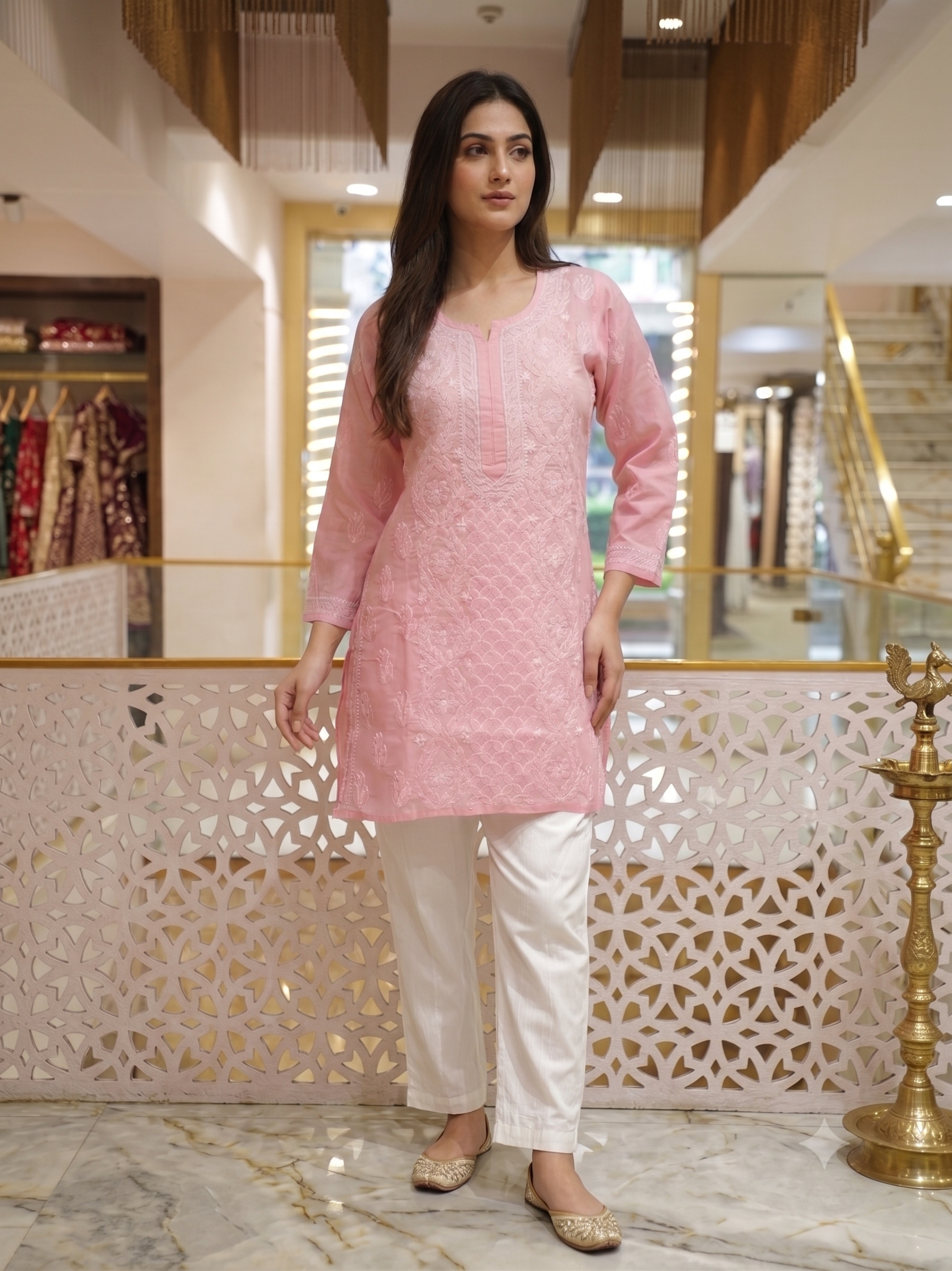 Ada Hand Embroidered Salmon Peach Cotton Lucknowi Chikankari Short Kurti A911604_4