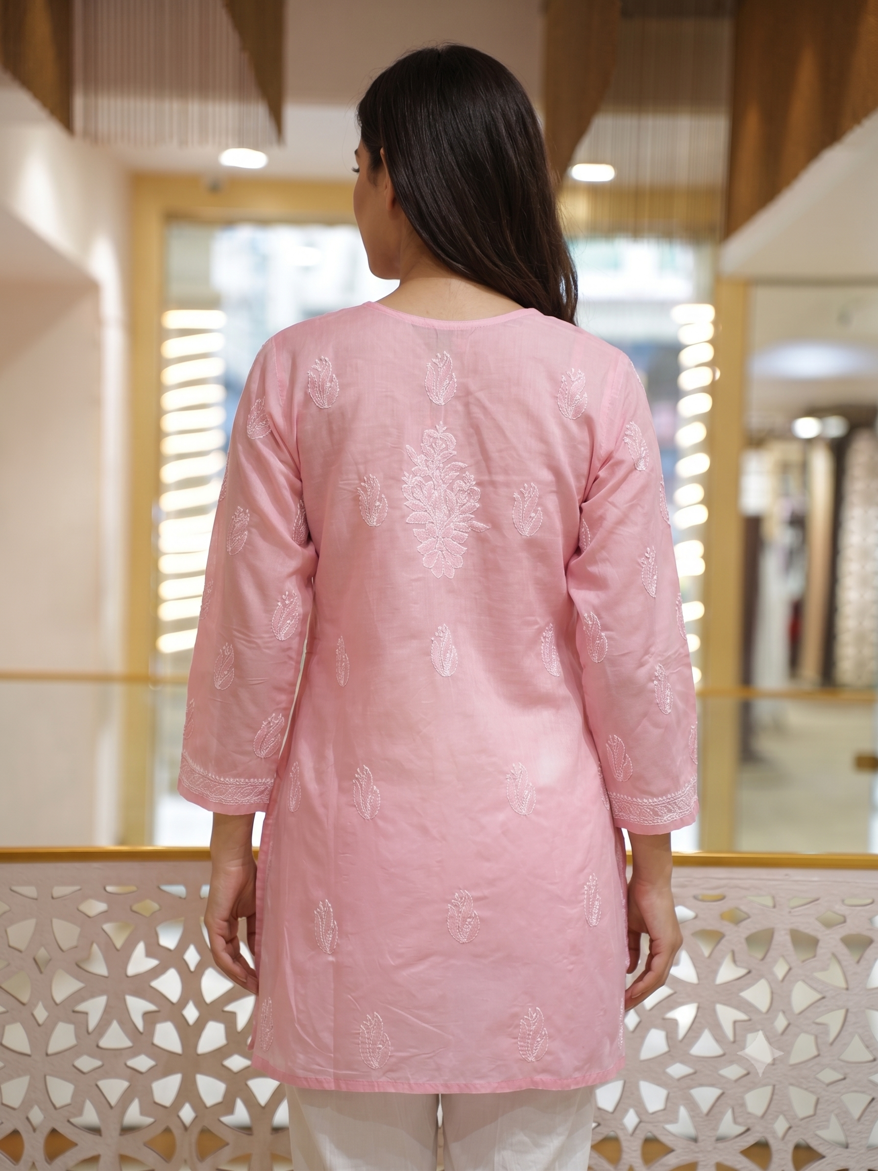 Ada Hand Embroidered Salmon Peach Cotton Lucknowi Chikankari Short Kurti A911604_5