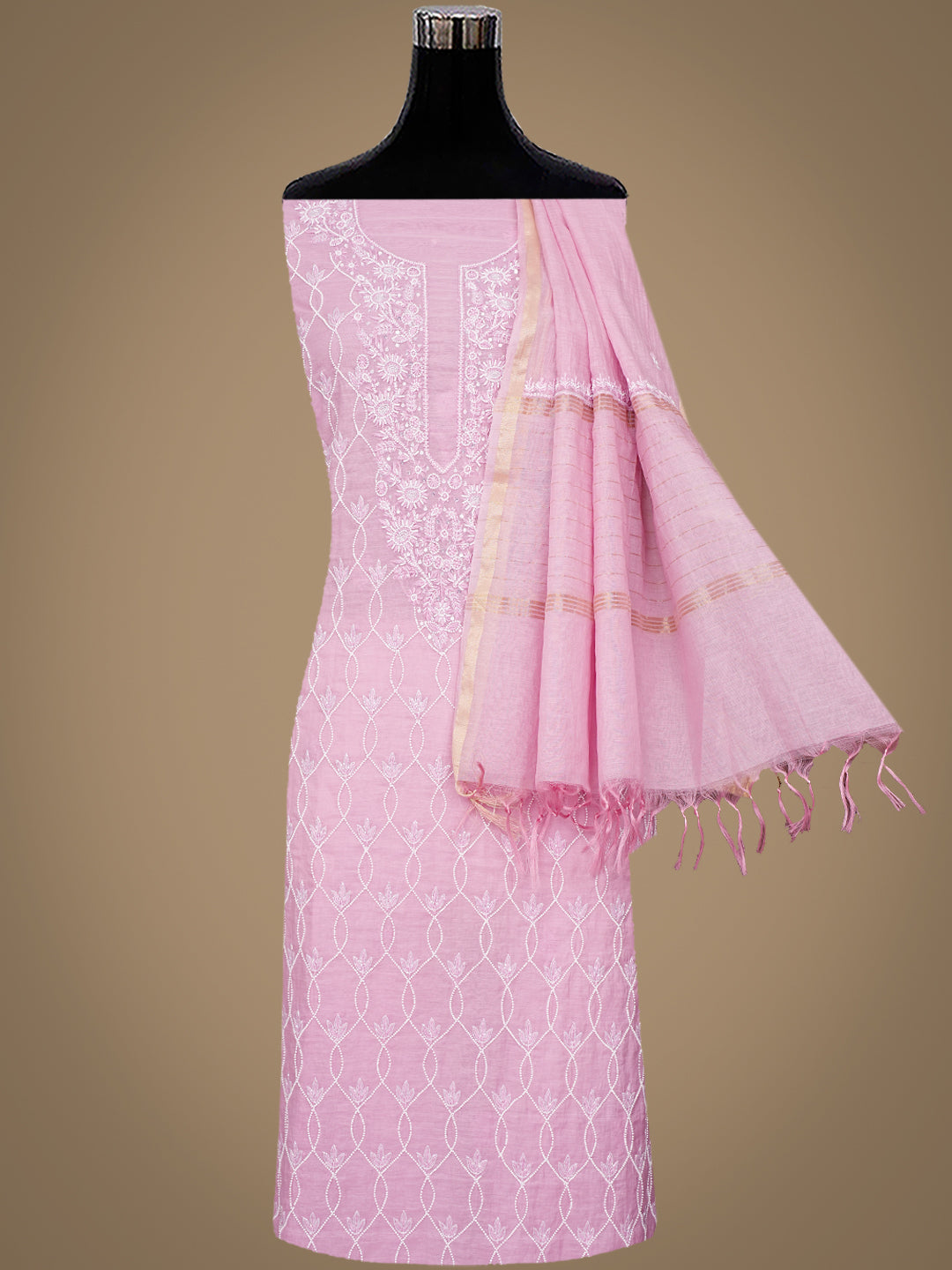 Ada Hand Embroidered Salmon Pink Chanderi Lucknowi Chikankari Unstitched Suit Piece With Pearl Work 01A997894