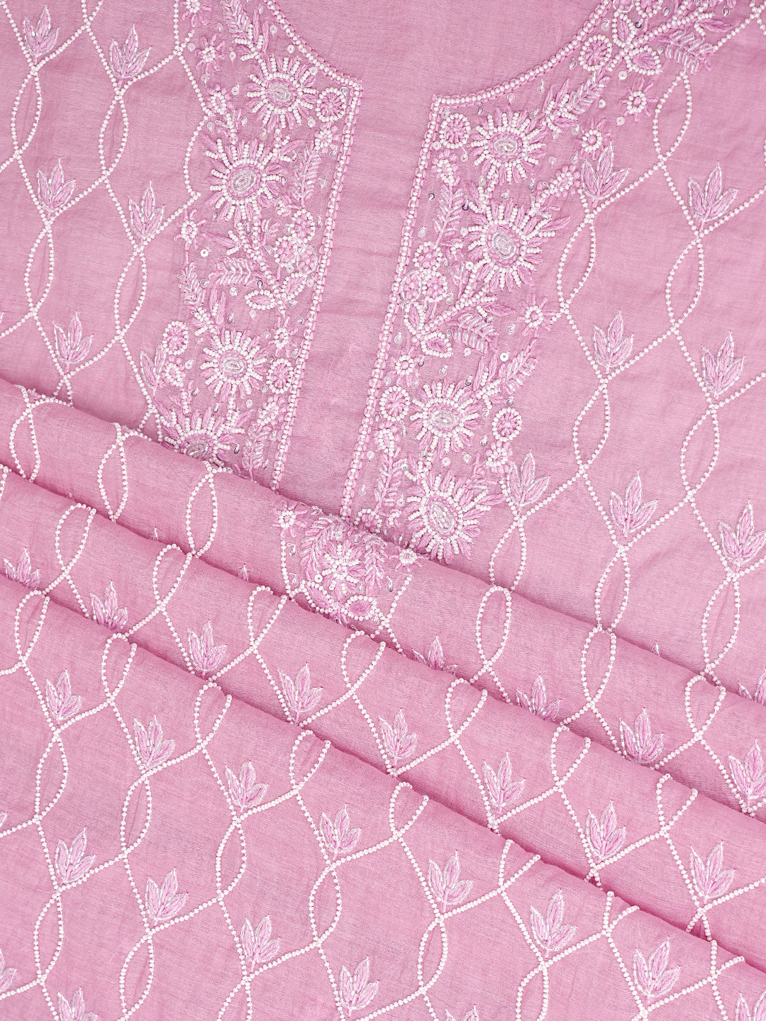 Ada Hand Embroidered Salmon Pink Chanderi Lucknowi Chikankari Unstitched Suit Piece With Pearl Work 01A997894