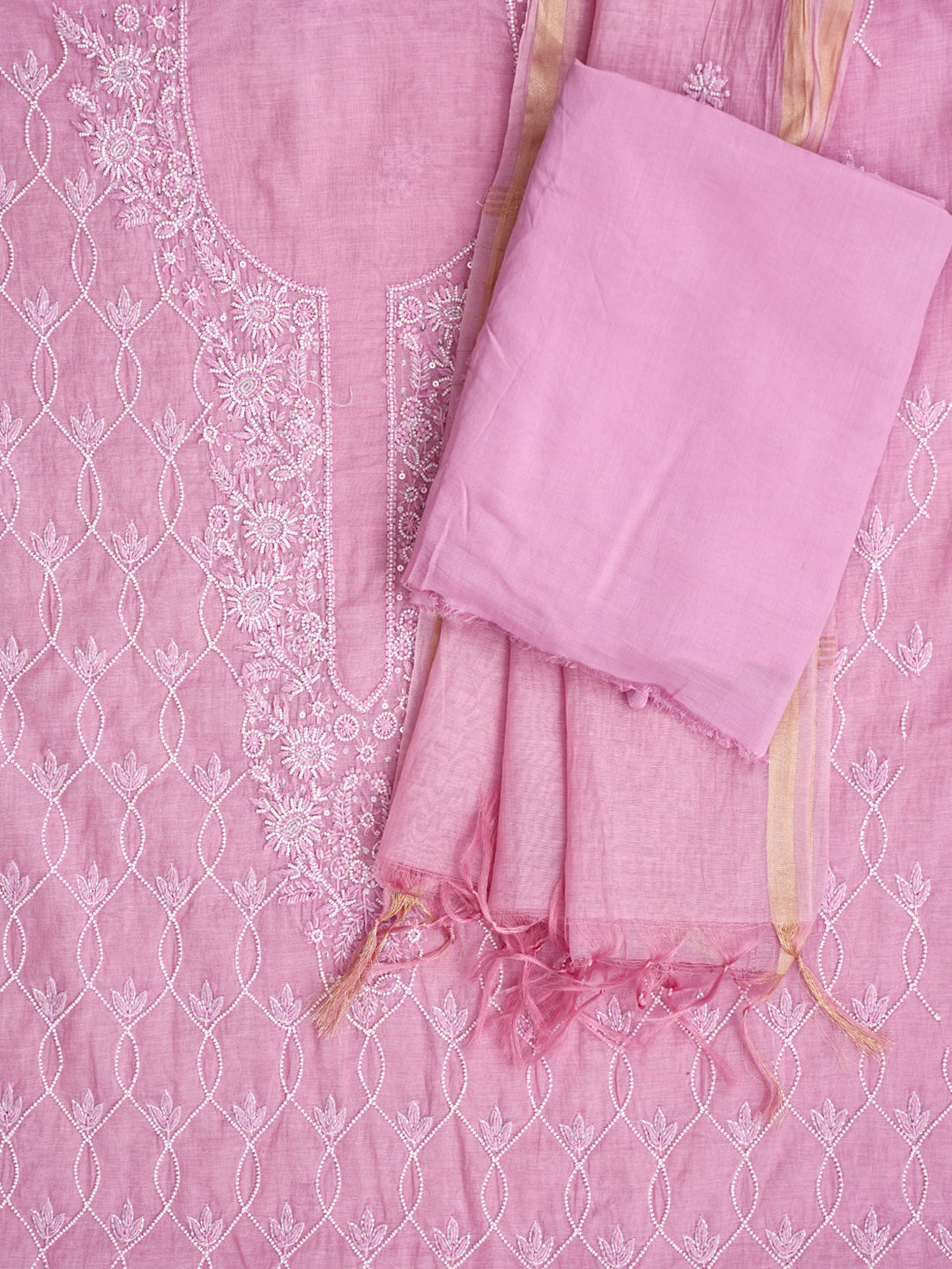Ada Hand Embroidered Salmon Pink Chanderi Lucknowi Chikankari Unstitched Suit Piece With Pearl Work 01A997894