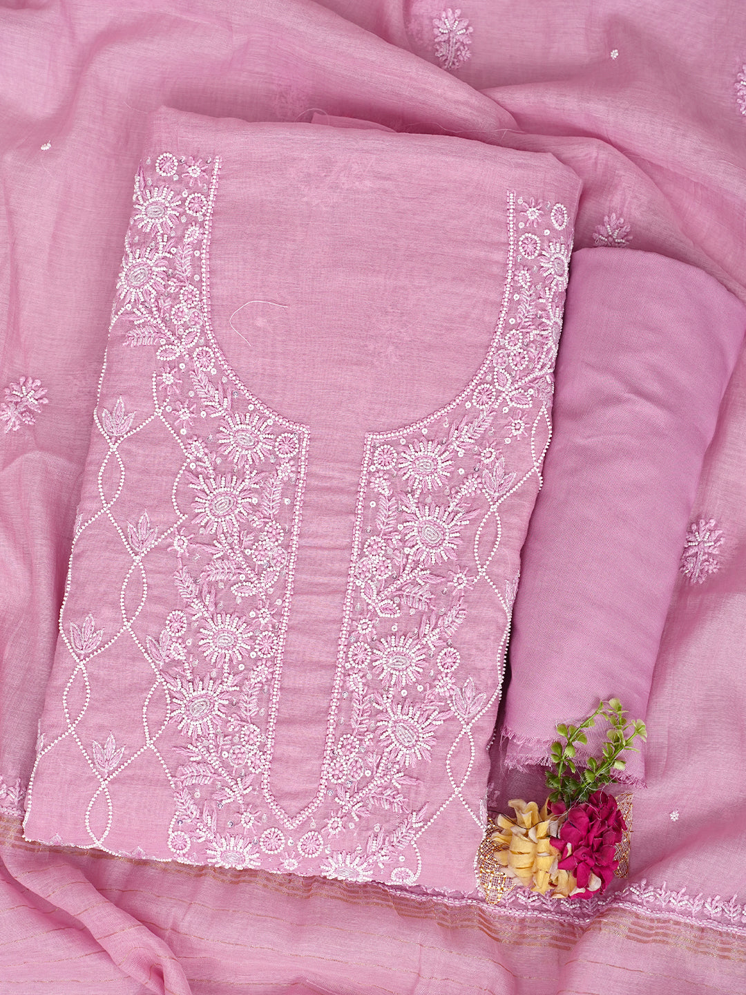 Ada Hand Embroidered Salmon Pink Chanderi Lucknowi Chikankari Unstitched Suit Piece With Pearl Work 01A997894