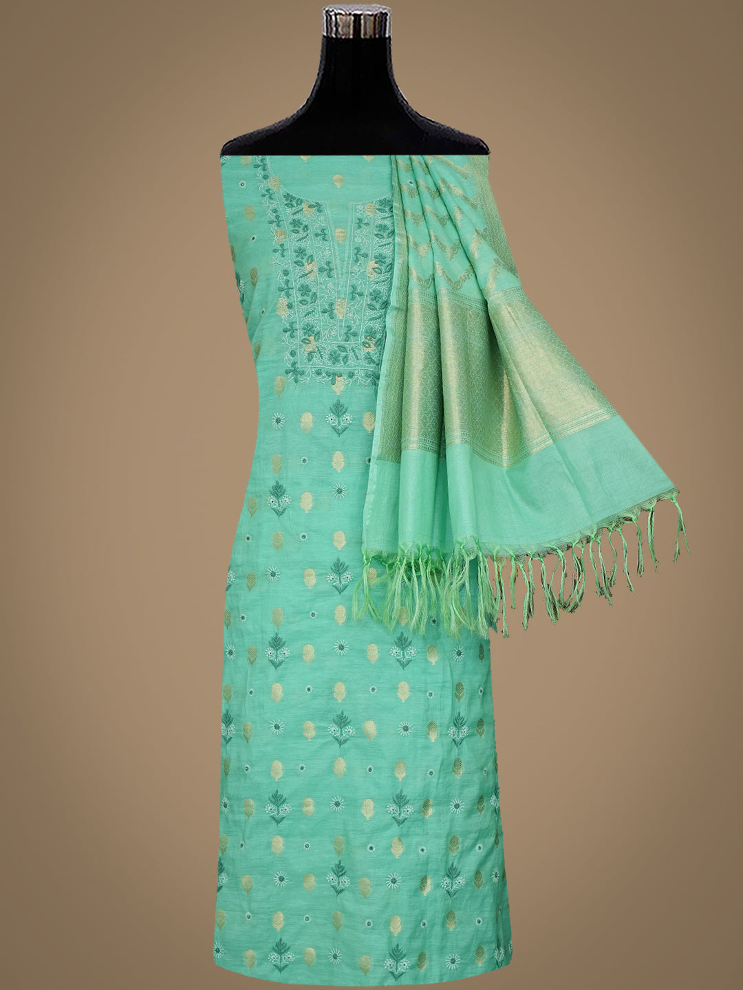 Ada Hand Embroidered Sea Green Chanderi Lucknowi Chikankari Unstitched Suit Piece 01A313763