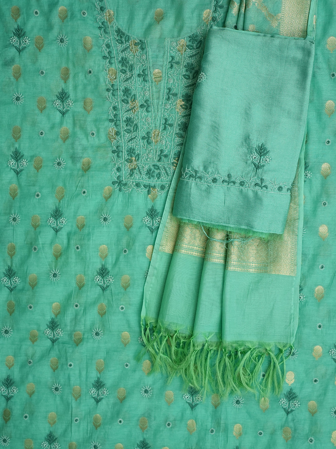 Ada Hand Embroidered Sea Green Chanderi Lucknowi Chikankari Unstitched Suit Piece 01A313763